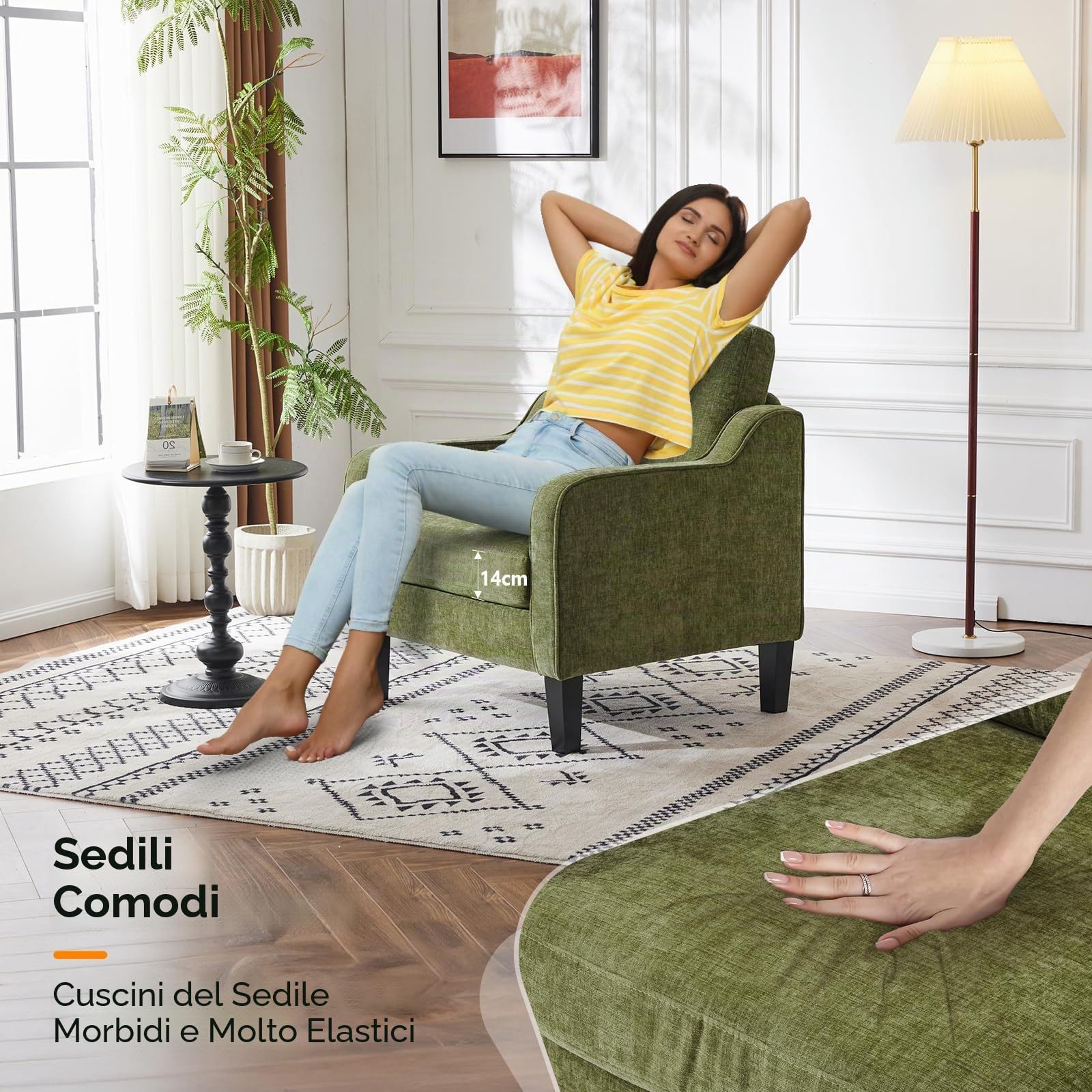 Bonnlo Poltrona Design in Tessuto Chenille, Poltrona Salotto con Gambe in Legno Massello, Poltrocina Camera da Letto per Ufficio e Soggiorno, 76 x 78 x 84cm (Verde)