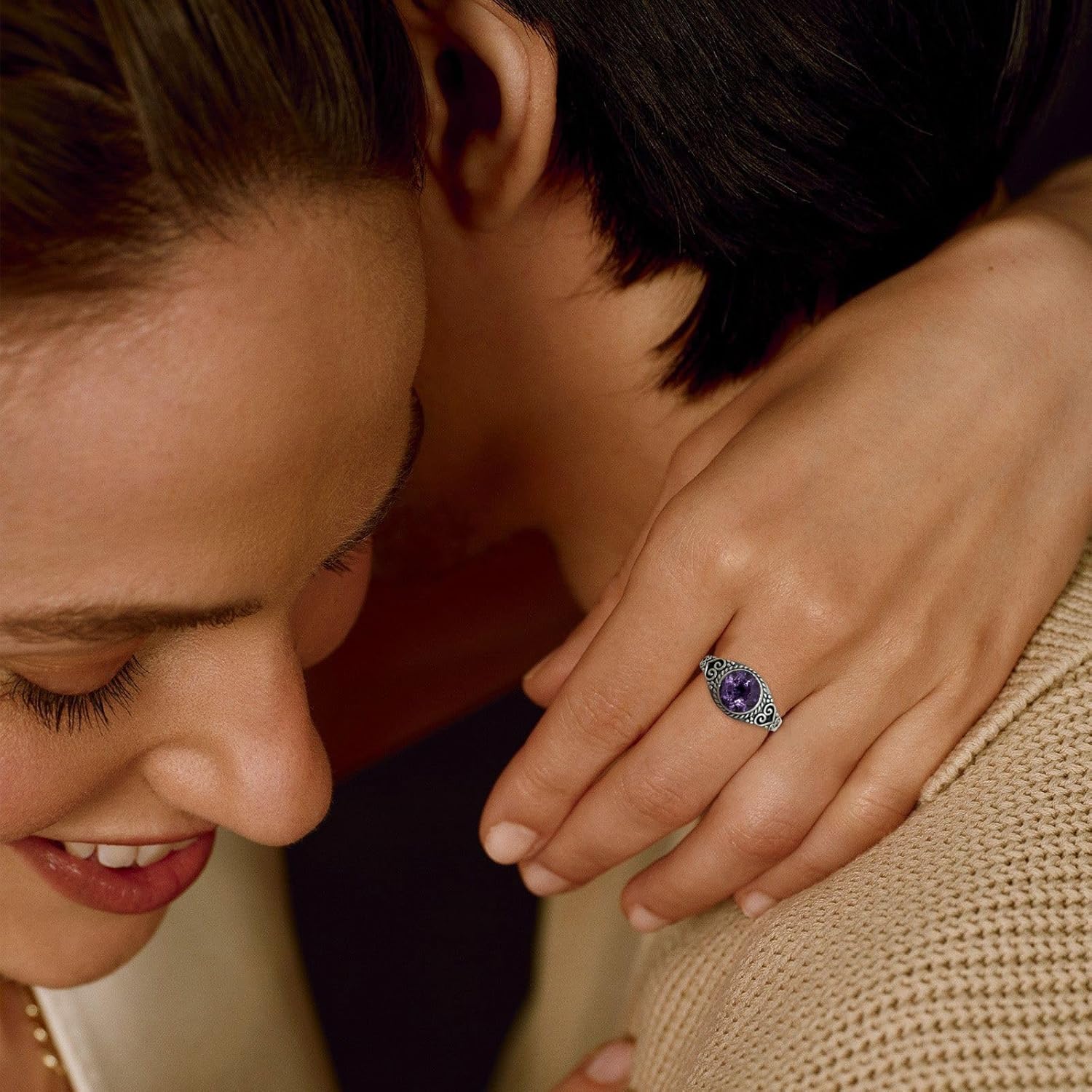 Natural Amethyst Promise Ring for Women 7mm Round Shaped Healing Amethyst Rings 925 Sterling Silver - Image 5