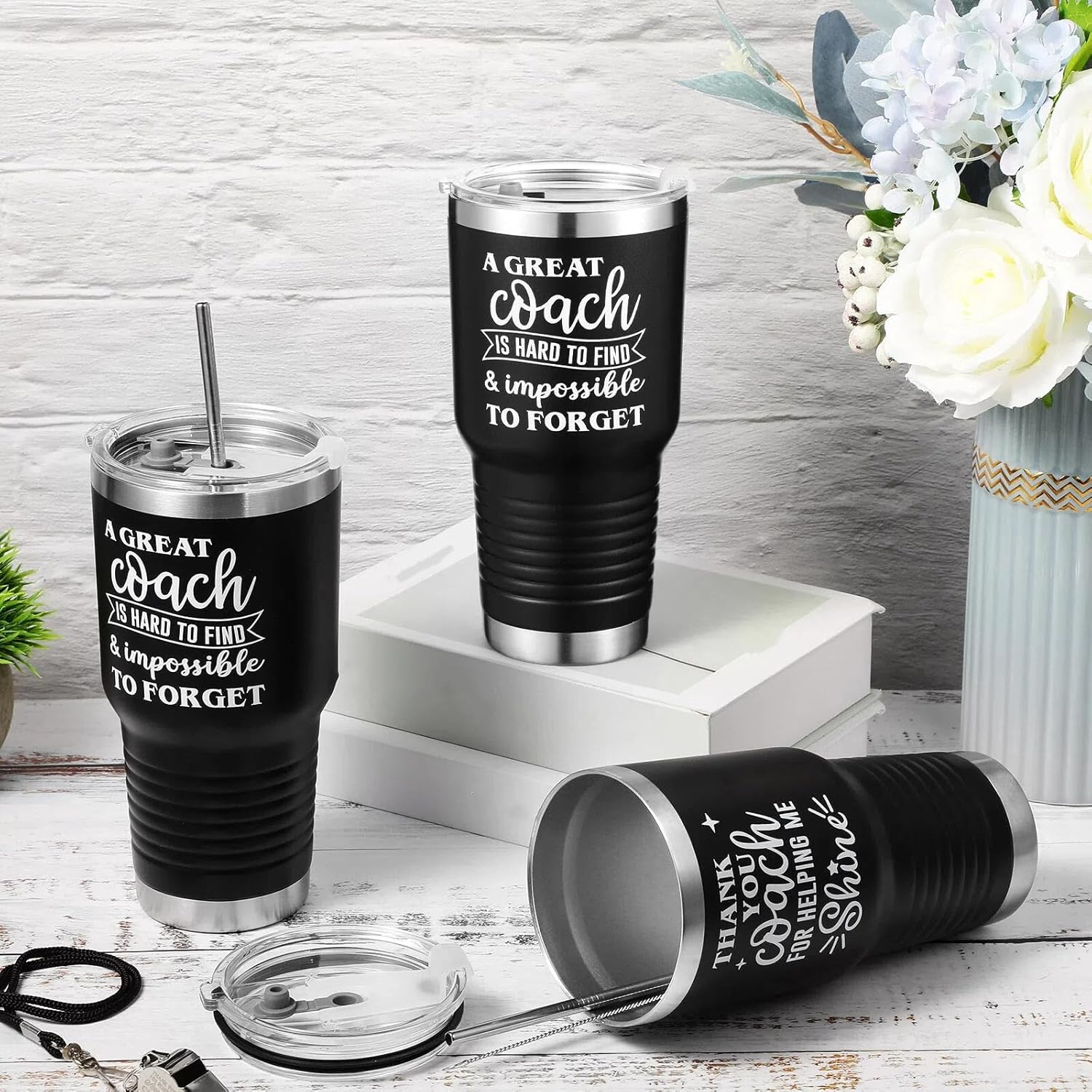 Yaomiao 4 Pcs Coach Gifts for Men 30 oz Coach Tumbler Cup with Lid Whistles Lanyard - Stainless Steel Travel Tumbler Thank You Gifts for Football Baseball Softball Birthday - Image 5