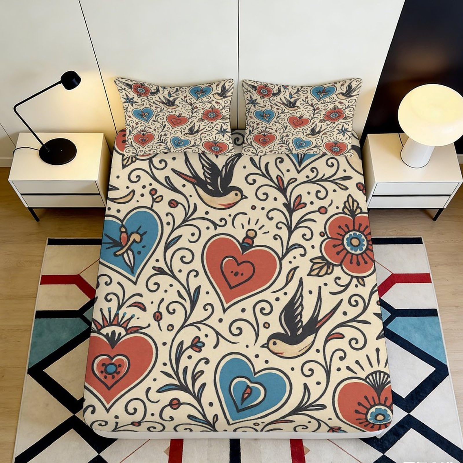 3D Printed Vintage Heart Swallow Fitted Sheet Microfiber Soft Anti-Slip Mattress Cover Bedroom Dorm Decor Easy Care 90x200x25cm