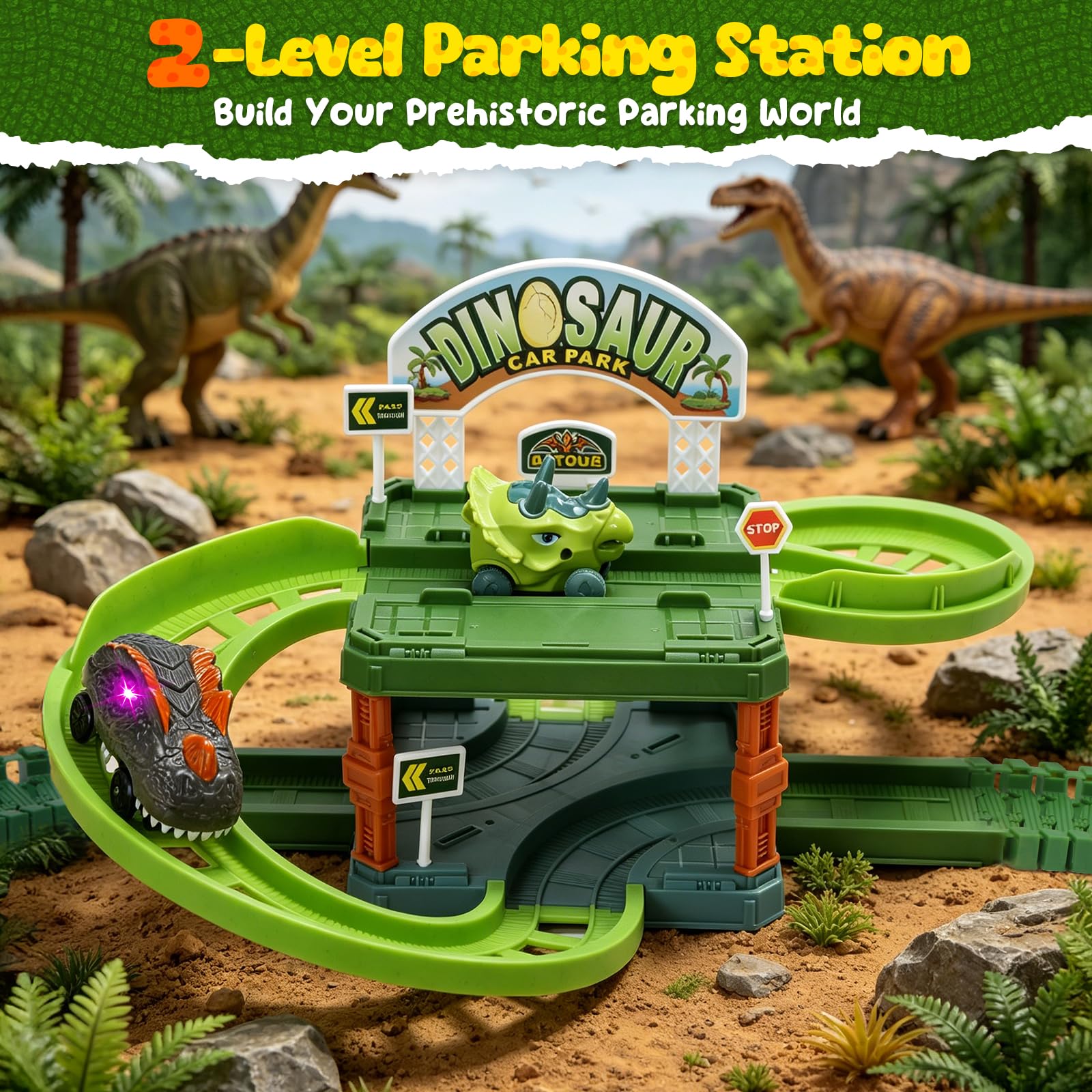 EagleStone Circuit de Voitures Dinosaures 241 pièces, Garage à 2 Niveaux