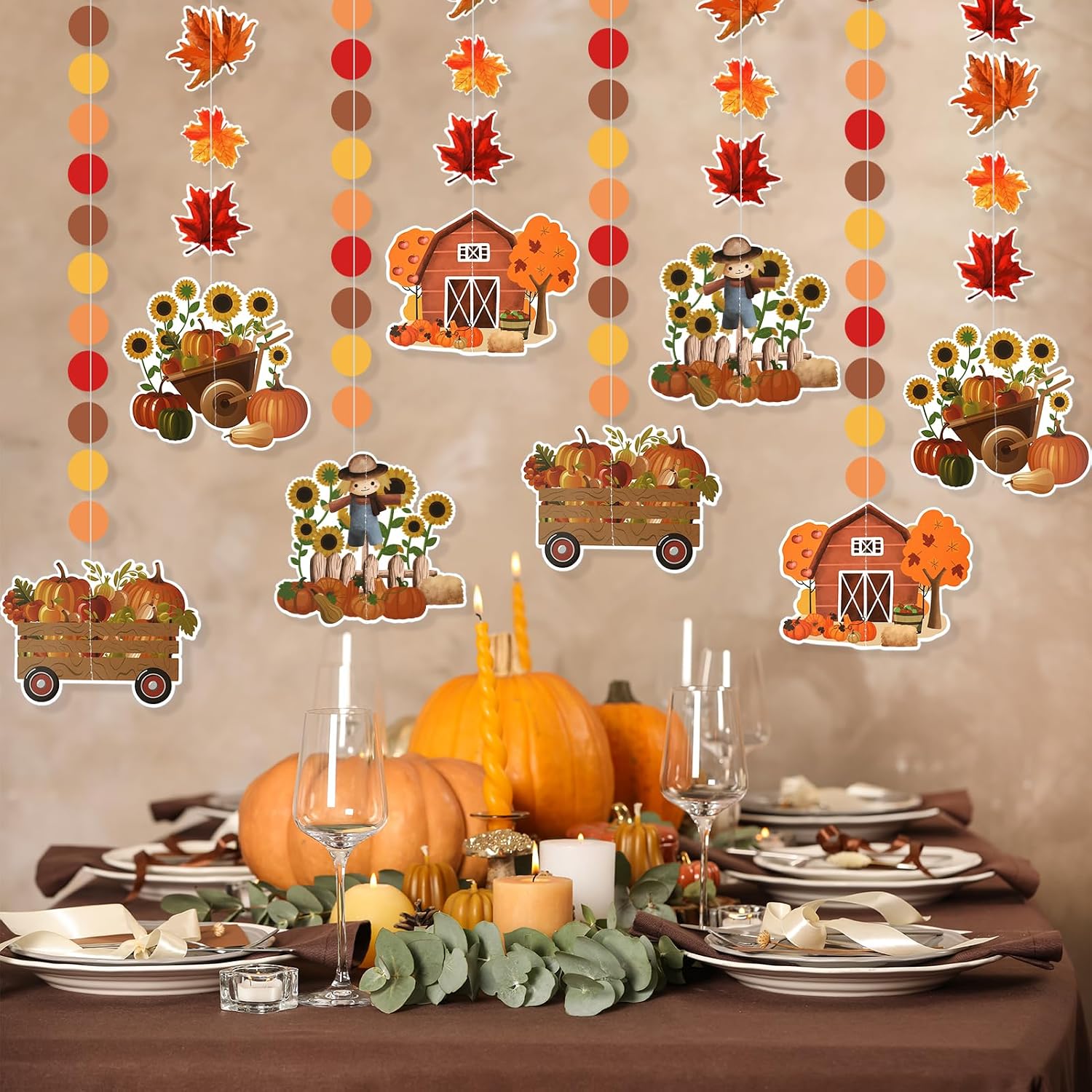 HOWAF Fall Leaf Garland, Autumn Harvest Pumpkin Maple Leaves Garland Streamer Backdrop Banner for Fall Decor Thanksgiving Party Decorations Supplies