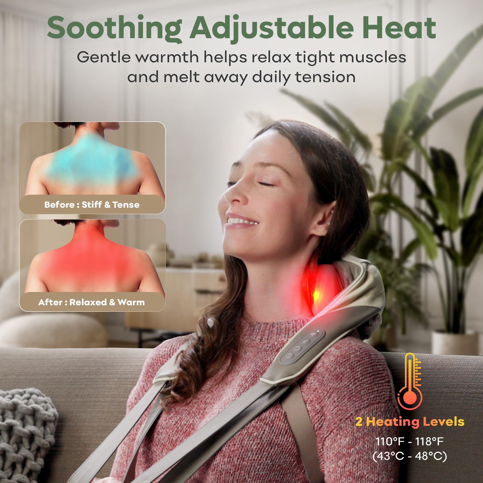 Adomii - Masajeador portátil inalámbrico de cuello y hombros con masaje Shiatsu profundo 4D, control de calor, ideal para aliviar el dolor muscular y relajación, ajuste personalizado,