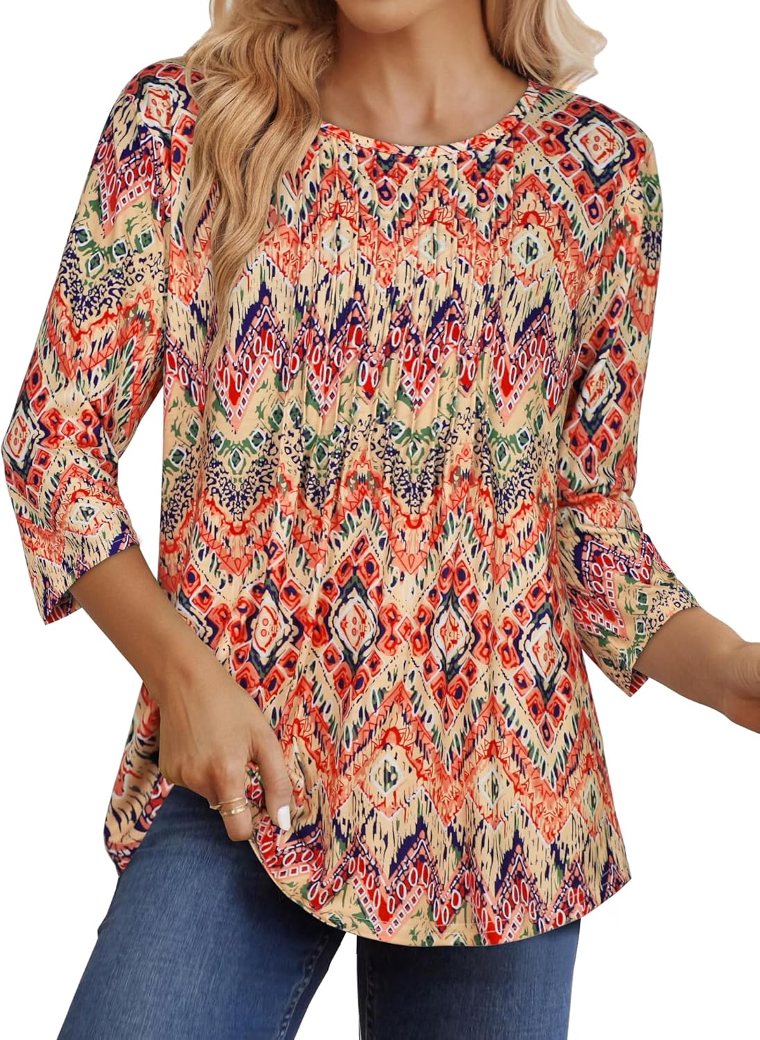 rosemia Womens Tops 3/4 Length Sleeve Blouses Dressy Casual Pleated Front T Shirts Loose Fit Tunic - Image 2