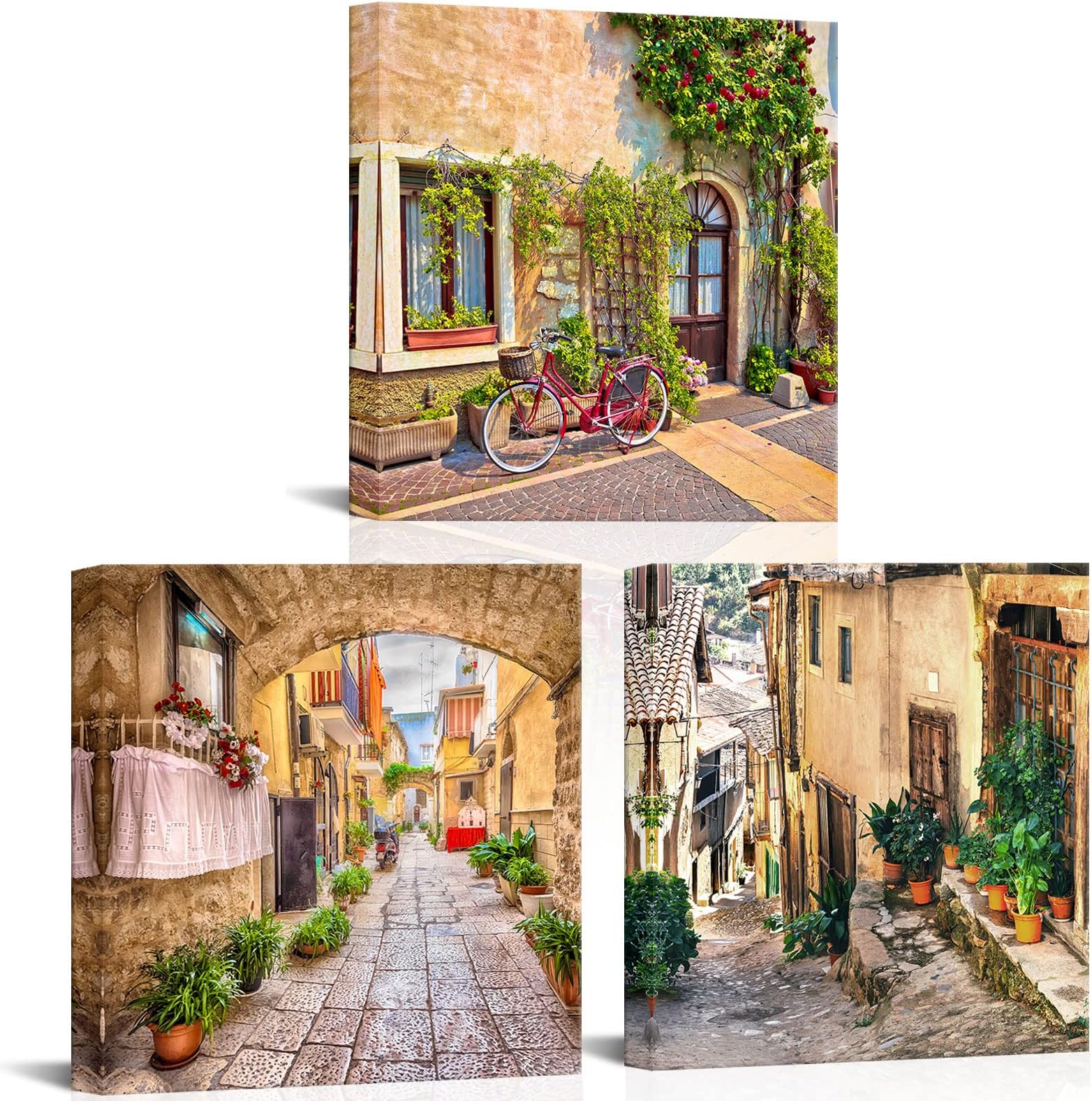 OuElegent 3 Pieces Tuscan Wall Art Canvas Mediterranean Canvas Painting Vintage Italy Village Landscape Artwork Prints for Bedroom Living Room Bathroom Home Decoration Ready to Hang 12"x12"x3 Pcs