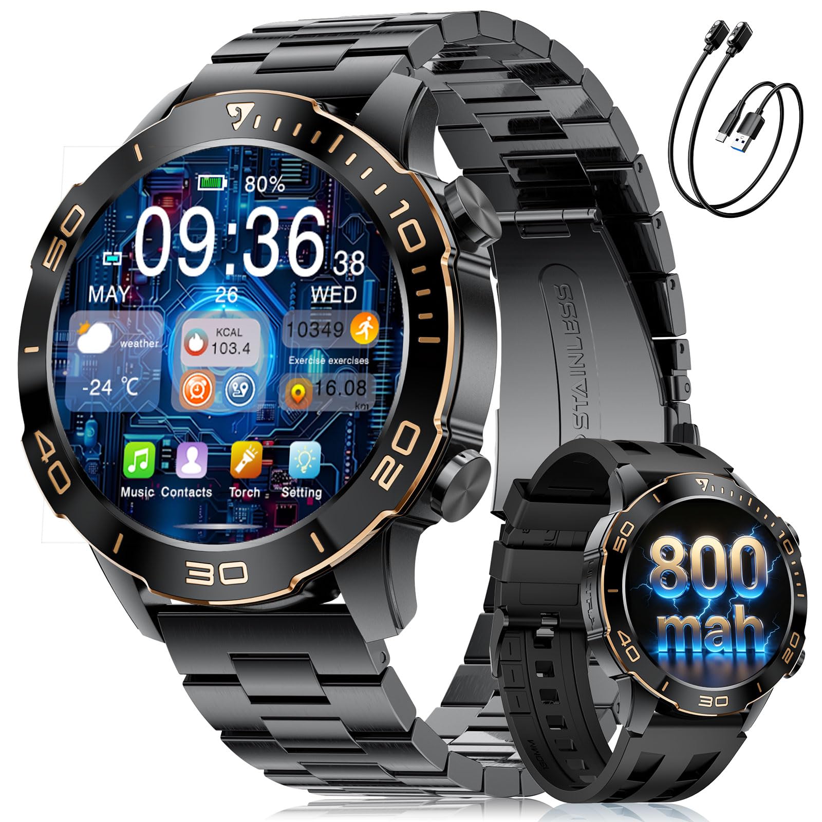 Smartwatch Herren mit Telefonfunktion Militär, 1.43" AMOLED Sportuhr mit 170+Sportmodi/800mAh Großer Akku, Herzfrequenz Schlafmonitor, IP68 Wasserdicht Fitnessuhr für Android iOS, Schwarz-Edelstahl | 170 + Sportmodi, IP68, wasserdicht, Herzfrequenz-/Schla