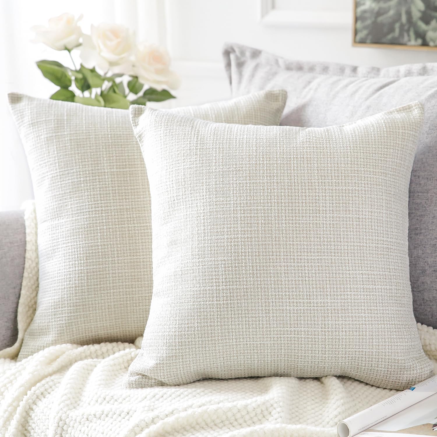 OTOSTAR Linen Throw Pillow Covers Set of 2 Decorative Square Pillowcases Cushion Covers 24x24 Inch for Home Decor Sofa Bedroom Car 60 x 60CM Beige