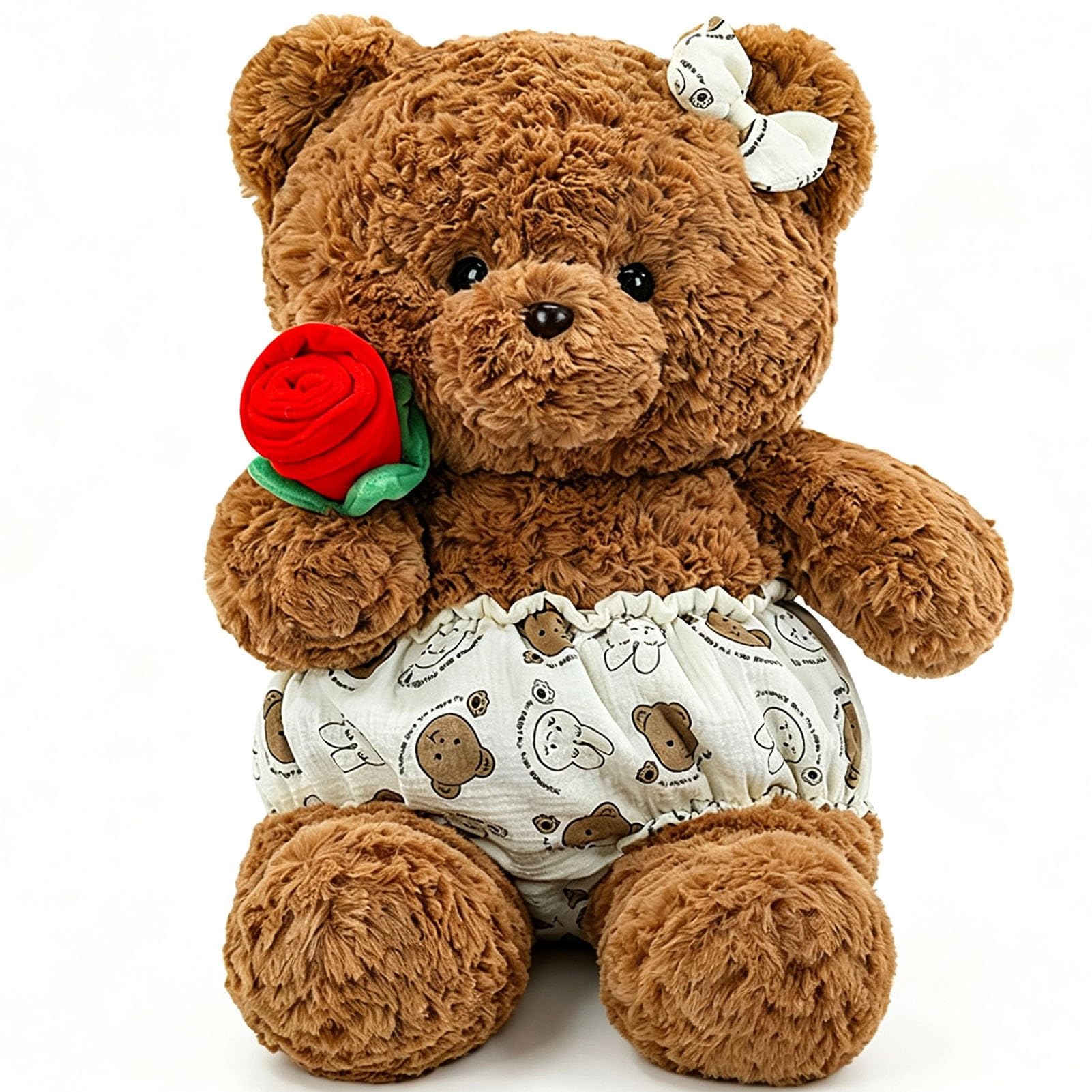 Peluche de peluche marrón rizado, sosteniendo una rosa roja con lazo y pantalones cortos de dibujos animados, regalo romántico de decoración de felpa for todos los amantes de la felpa(90cm/35in)