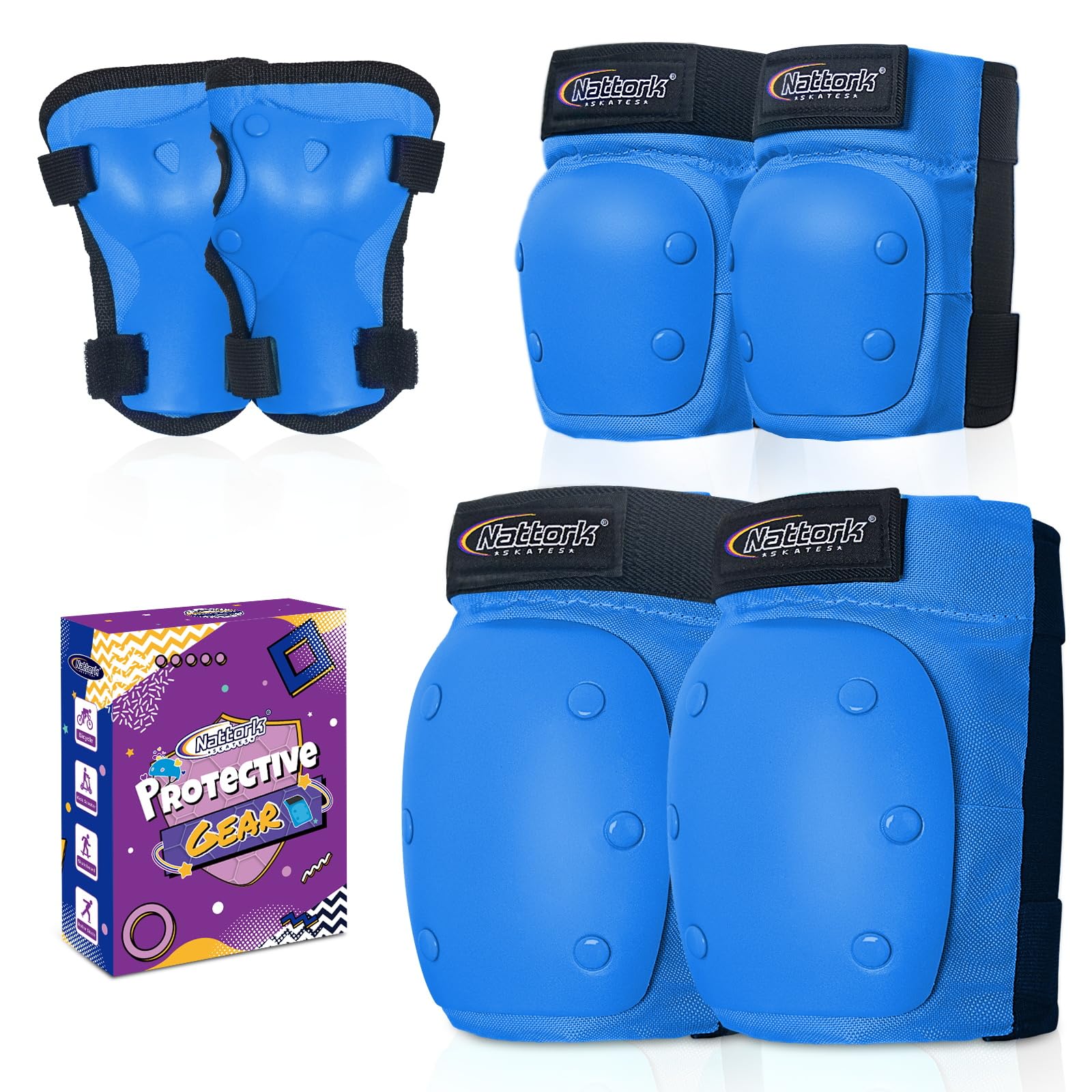 Nattork Knee Pads for Kids Youth Audlt，Knee and Elbow Pads with Wrist Guards 6 in 1 Protective Gear Set for Skateboard, Roller Skate, Inline Skates,