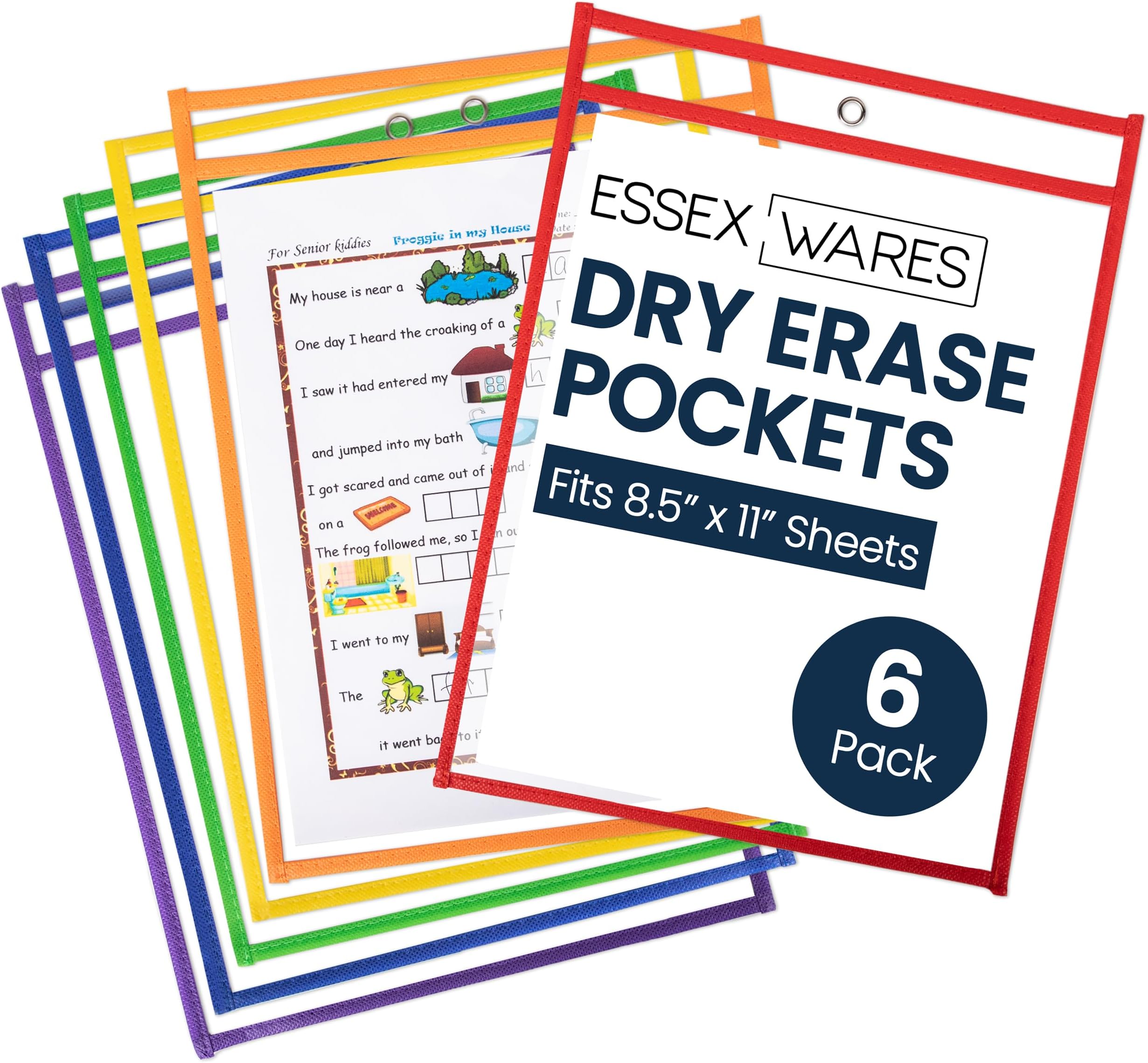 Essex Wares - 6 Pack, Assorted, Dry Erase Pocket Document Protectors, 10" Wide x 13.5" Tall- Dry Erase Clear Plastic Sleeves - Reusable & Easy Erase Plastic Invoice Holders, Water-Resistant & Durable