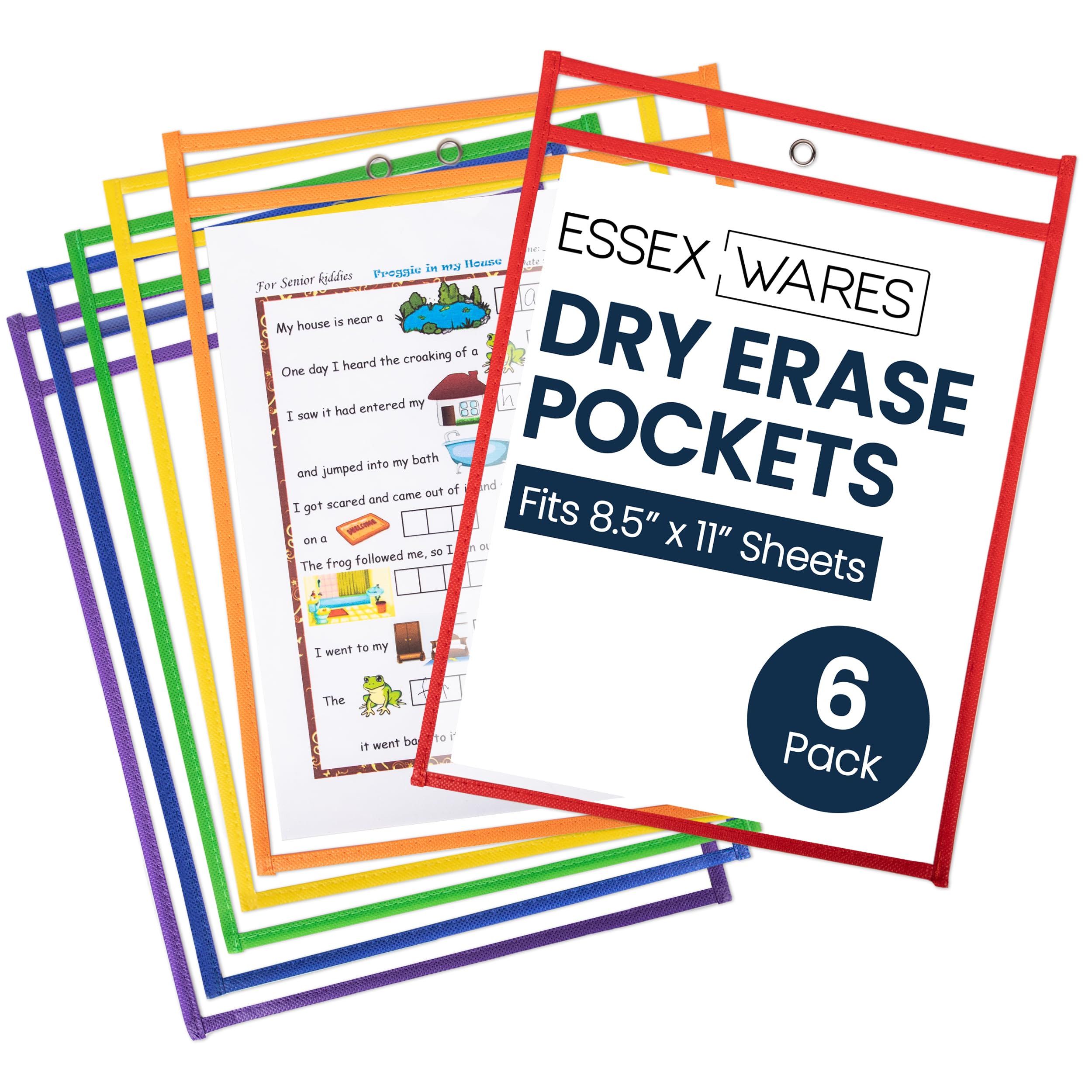 Essex Wares - 6 Pack, Assorted, Dry Erase Pocket Document Protectors, 10" Wide x 13.5" Tall- Dry Erase Clear Plastic Sleeves - Reusable & Easy Erase Plastic Invoice Holders, Water-Resistant & Durable