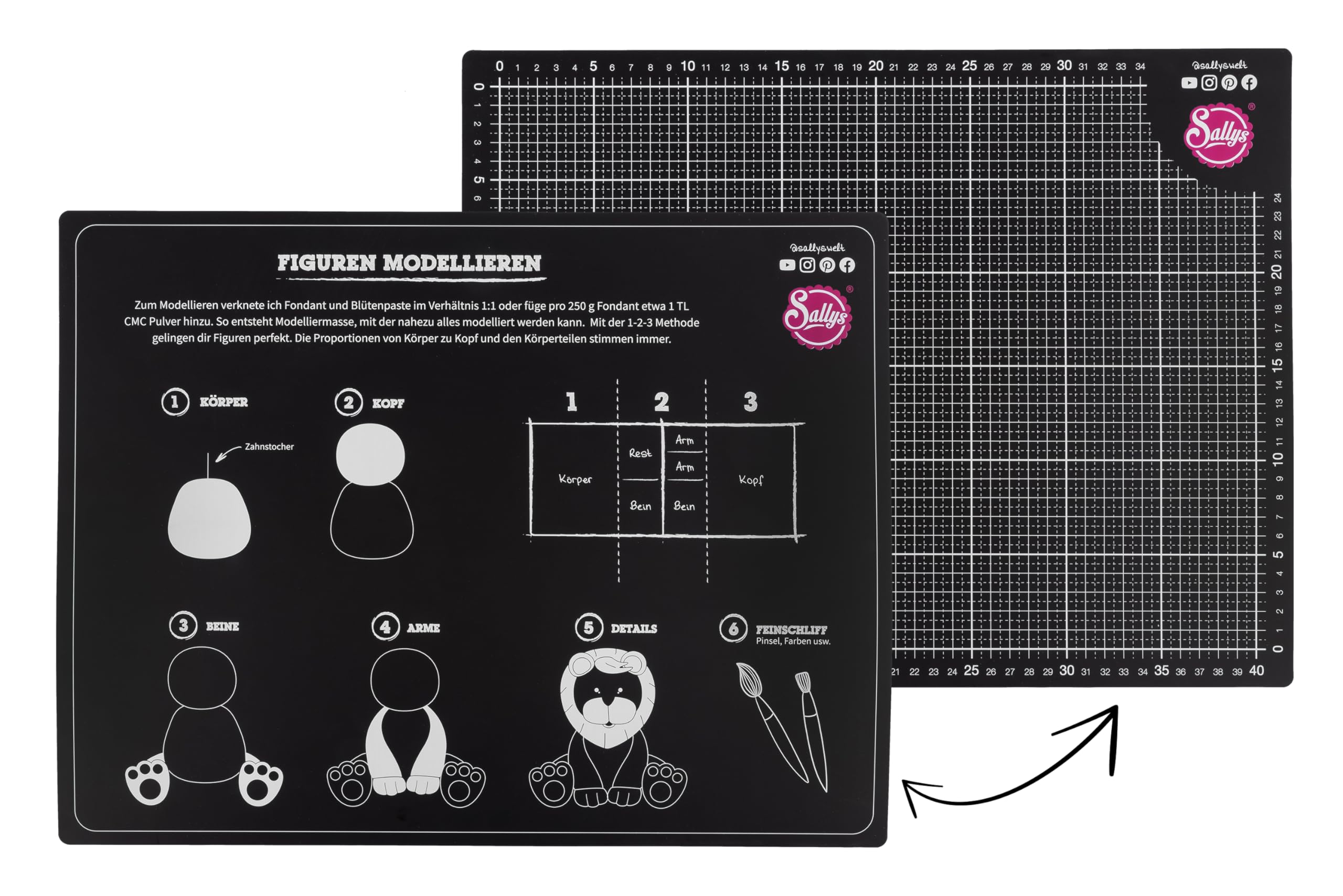 Sallys Schneidematte A3 Cutting Mat (44 x 34 cm, 3 mm dick) selbstheilende Oberfläche, beidseitig verwendbar, rutschfest, millimetergenaues Raster zum perfekten Abmessen
