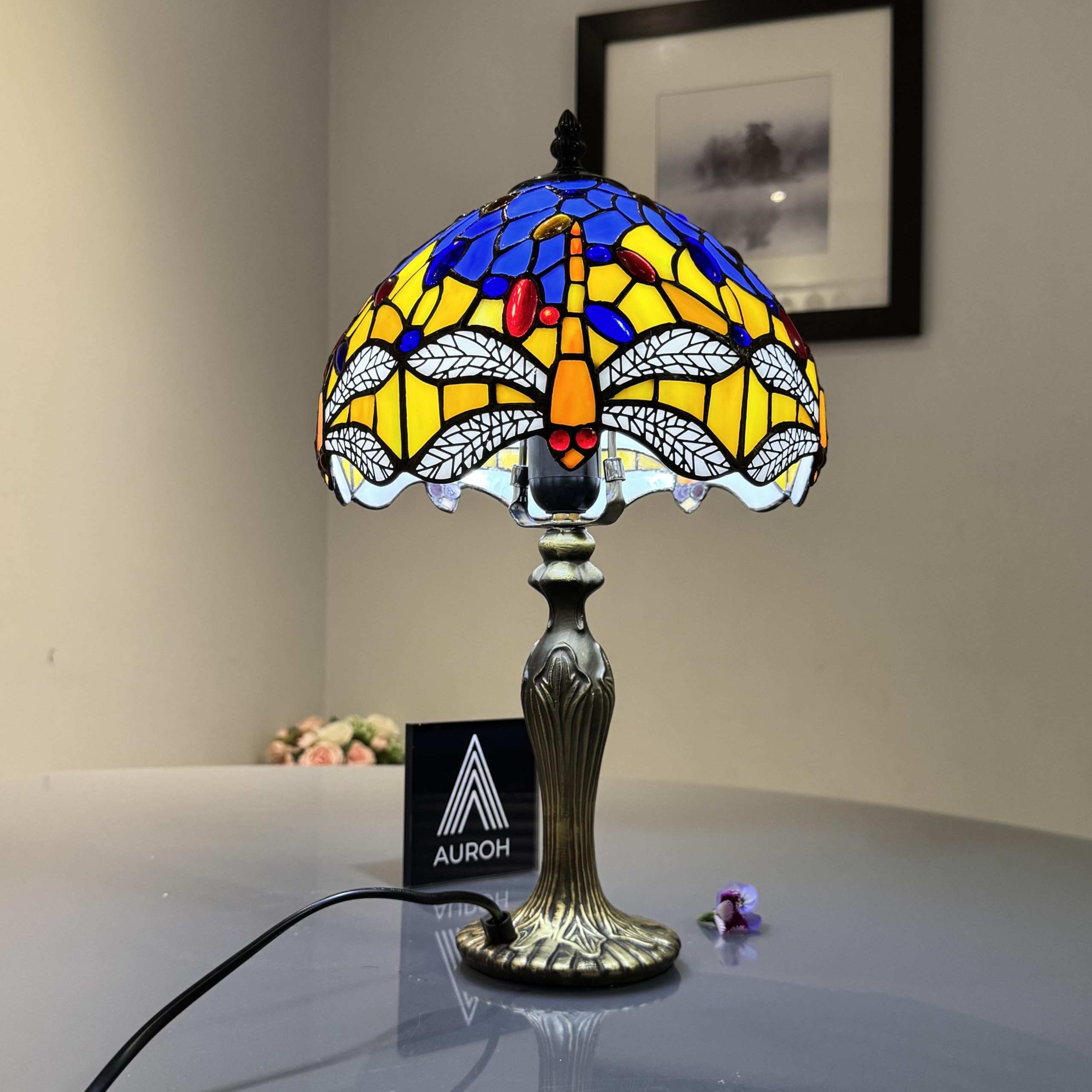 Auroh Multicolor Tiffany Lights Table Lamps Handcrafted Stained Glass Lampshade Stunning Quality Antique Dragonfly Design Table Lamps For Living Room Bedside Desk Bedroom Coffee Table (Tftl-1003)