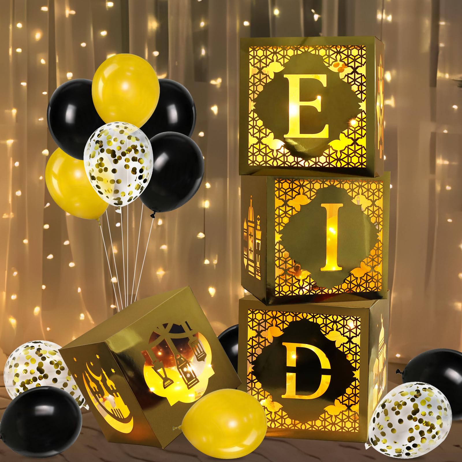 4 Pcs Eid Mubarak Decoration Boxes with Lights and 20pcs Eid Mubarak Balloons,Hollow-Out Ramadan Mubarak Boxes with Mosque Moon Design for Ramadan Mubarak Islam Party Decoration