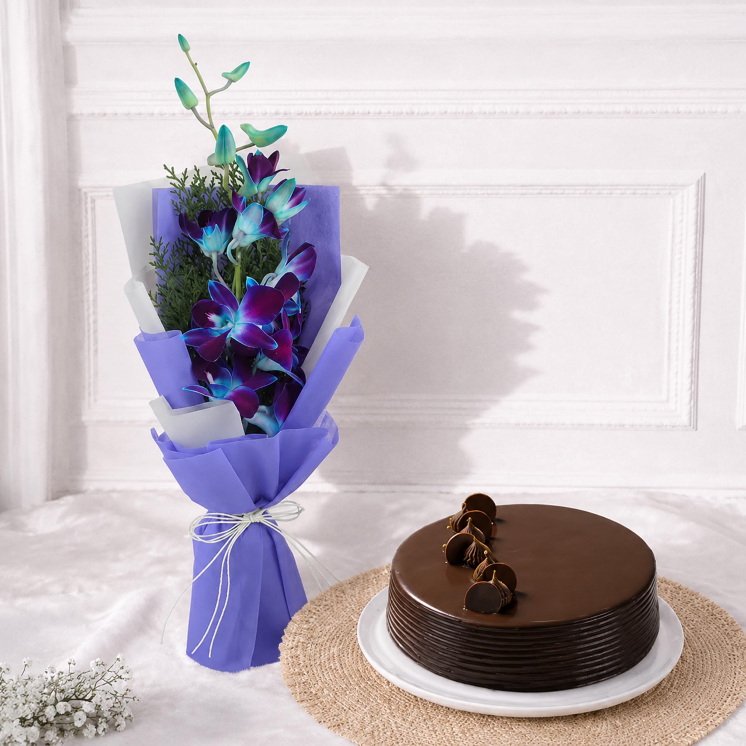 FNP Purple Flower Bouquet with Truffle Cake Combo | Fresh Floral Arrangement with Green Morpankhi Leaves-image-21