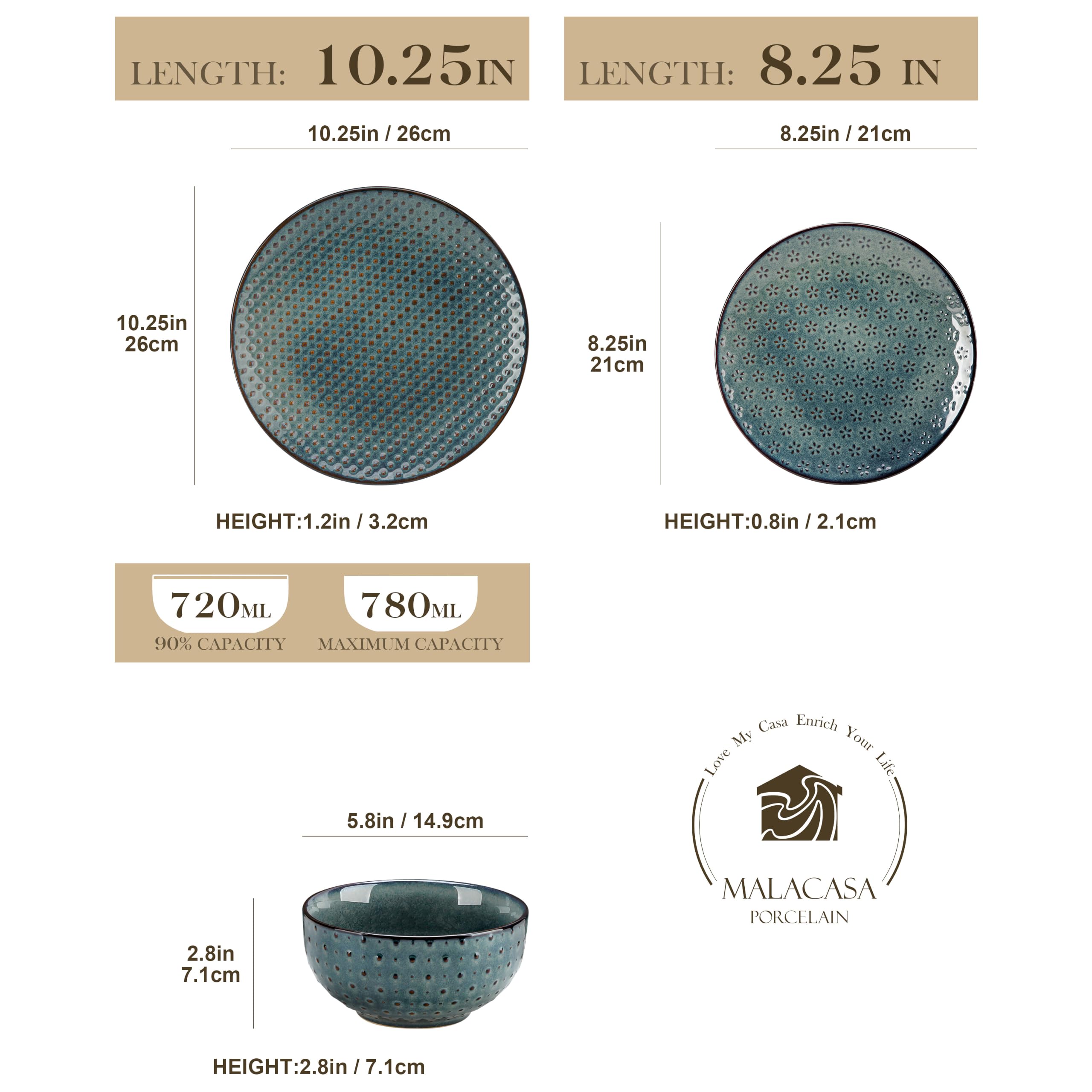 MALACASA Set di stoviglie da 12 pezzi, moderni set di piatti e ciotole, set di piatti verdi per 4 persone, piatti piani da cucina, set di stoviglie in ceramica per forno a microonde e lavastoviglie