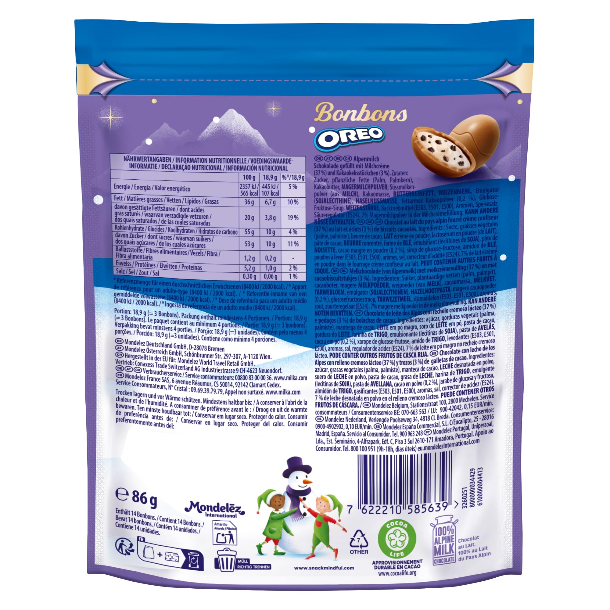 Milka Navidad Huevos de Chocolate con Leche de los Alpes Relleno de Trocitos de Galleta Oreo, Edición Especial Navidad - 86 g