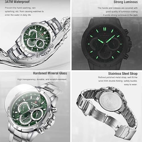 Miniatura 5 de NAVIFORCE Reloj deportivo multifunción para hombre reloj analógico de cuarzo de acero inoxidable impermeable