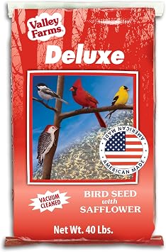 Valley Farms Deluxe Blend 40 LB Wild Bird Food for Outside Feeders with Black Oil Sunflower and Safflower Seeds for Birds - Value Birdseed