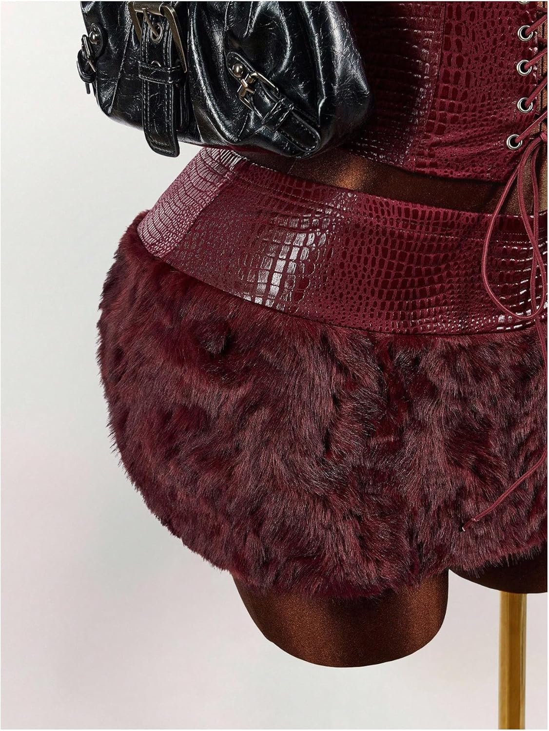 Verdusa Women's 2 Piece Y2K Outfits Eyelet Lace Up Leather Tube Top with Furry Mini Skirt Rave Outfits - Image 5