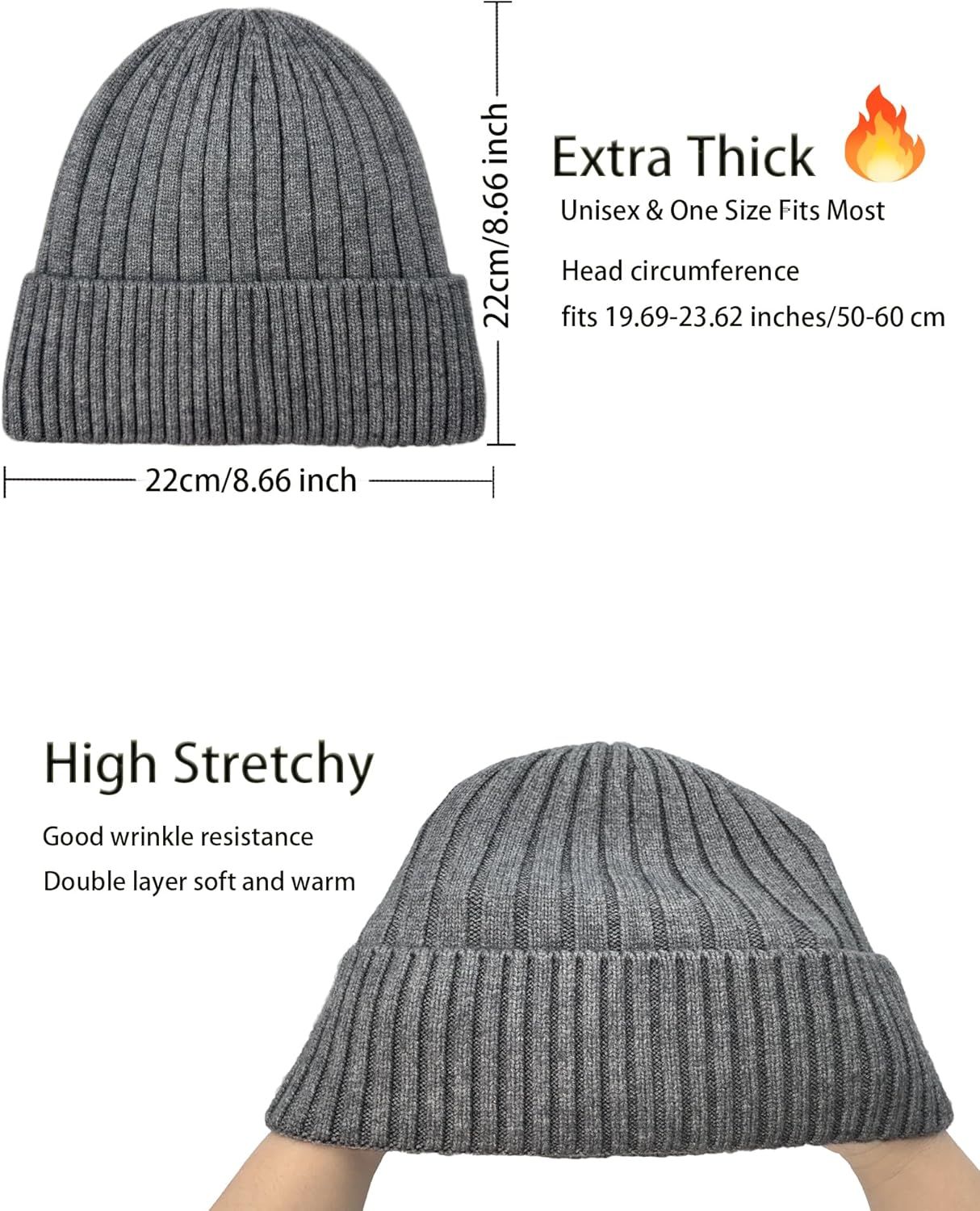 Winter Beanie Hat for Men Women,Fleece Lined Fisherman Beanies,Cold Weather Thick Warm Knit Cuffed Skull Cap - Image 2