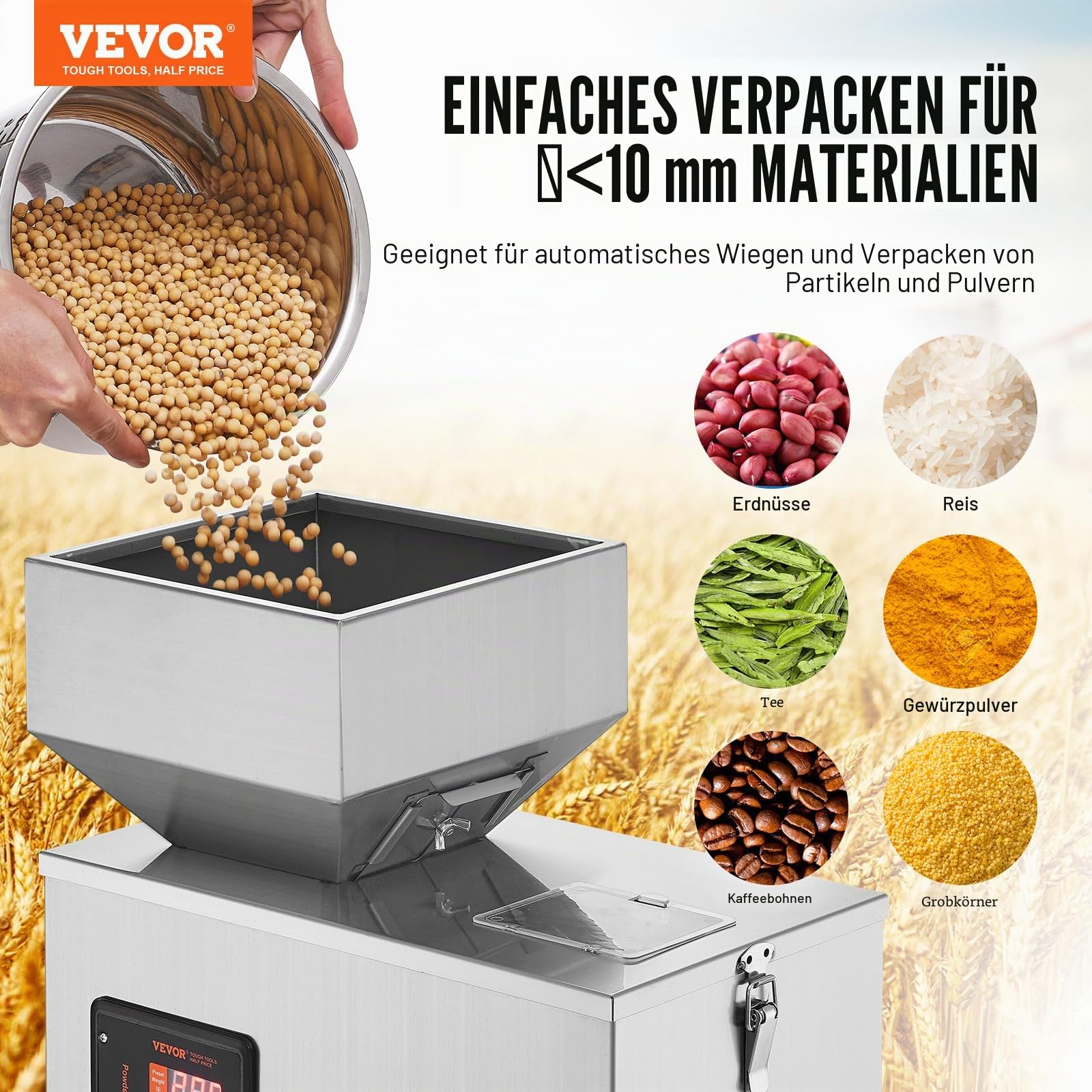 VEVOR Pulverabfüllmaschine 0,002–0,22 lbs/1–100 g automatische intelligente Partikelwäge-Abfüllmaschine Flaschenbeutel-Pulverfüller-Partikelspender für Teesamen, Körner, Pulver, Mehl, Bohnen, Glitzer