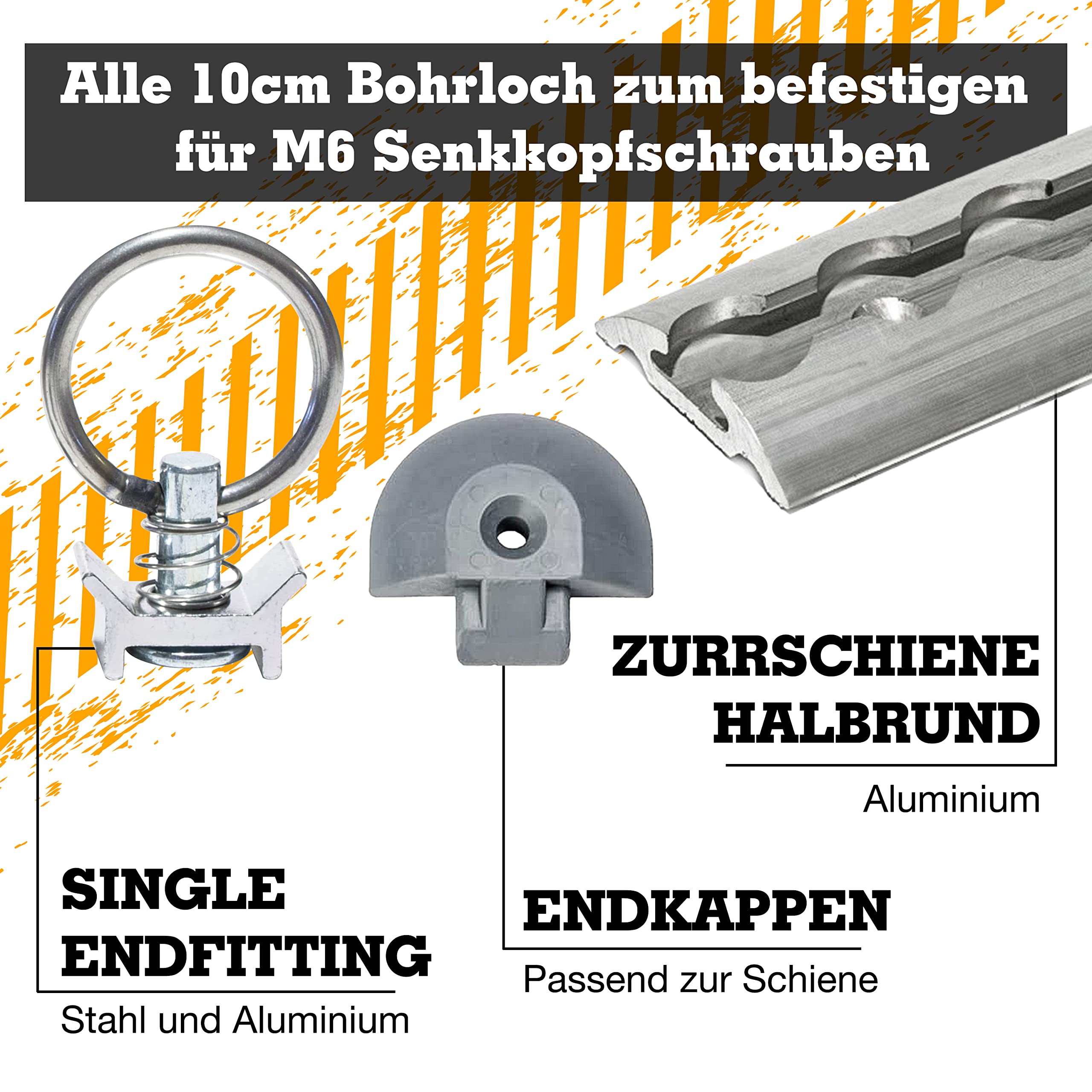 Safetytex Airlineschiene Starterset 8 x 1 m Zurrschiene | Halbrunde Zurrschiene, 20 Single Fittinge, 16 Endkappen, flexible Ladungssicherung für Transporter, Anhänger und Fahrzeuge