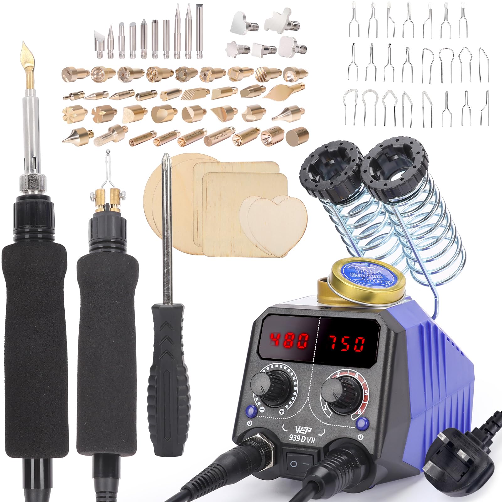 WEP 939D-VII 2-in-1 Wood Burning Kit 84-in-1 with 51 Solid Points and 23 Wire Nibs Wood Burner with 2 Letter Number Stencils
