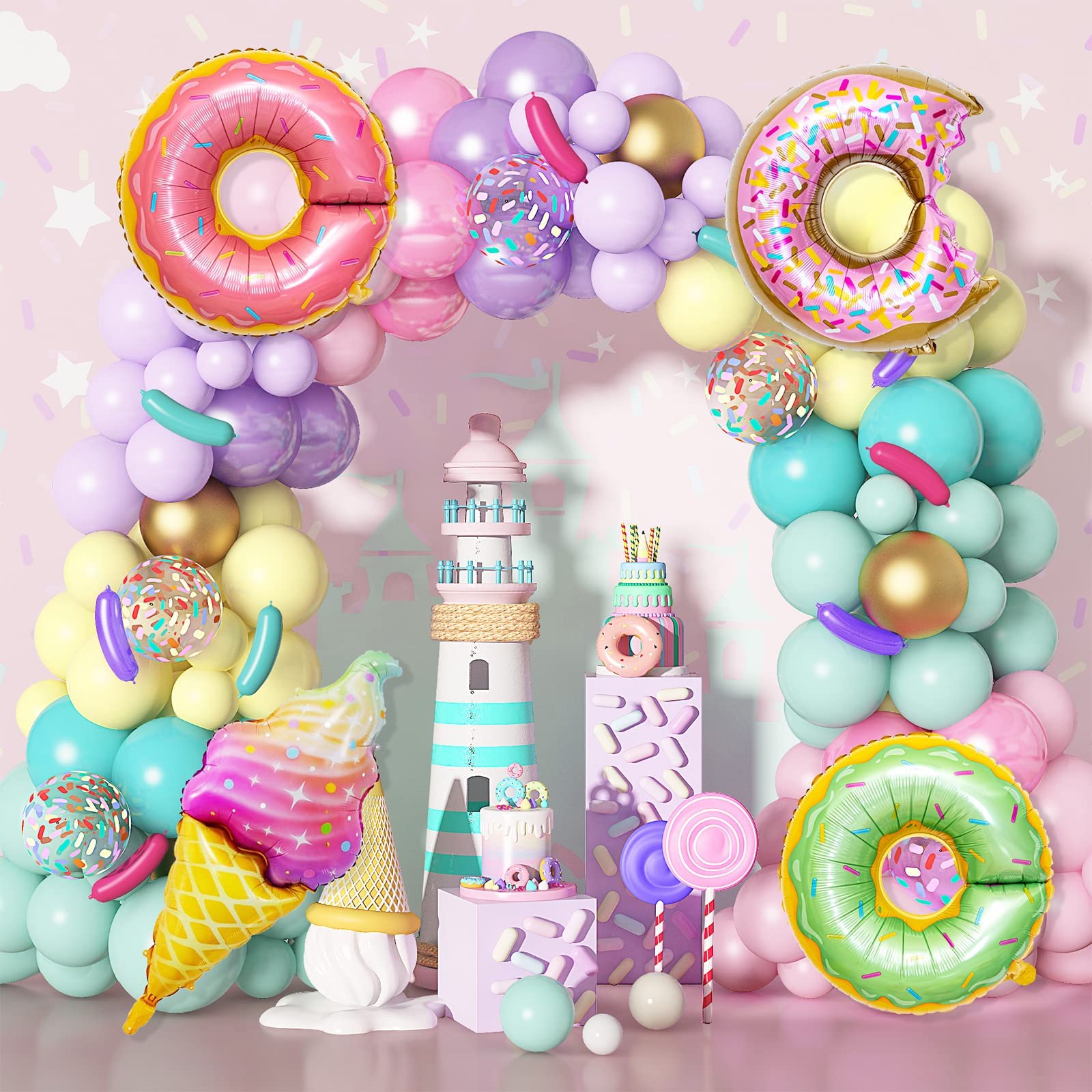 MAKINGTEC Pink Birthday Party Decorations, 139Pcs Sweets Balloons, Donut Balloon Garland Arch Kit, Pink Sprinkles Confetti Ice Cream Foil Balloons for Kids Grow Up Baby Shower Two Sweet Party Supplies