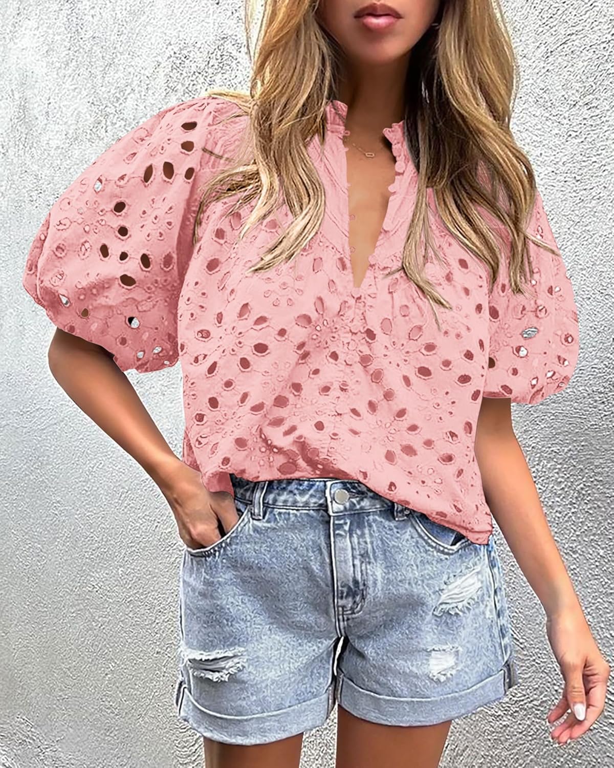 Women's Casual Summer Blouse Tops Hollow Out Eyelet Embroidery V Neck Buttons Puff Short Sleeve Dressy Boho Shirt - Image 6