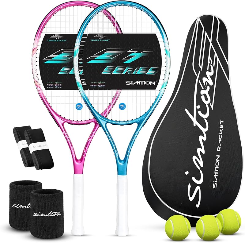27 Inch Tennis Rackets Set, 2 Player Pre-StrungTennis Racquets for Adults, 2 Overgrip Tapes, 3 Balls, 2 Wristbands and Carrying Bag, for Beginner and Professional