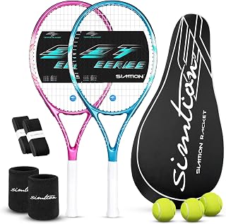 27 Inch Tennis Rackets Set, 2 Player Pre-StrungTennis Racquets for Adults, 2 Overgrip Tapes, 3 Balls, 2 Wristbands and Carrying Bag, for Beginner and Professional