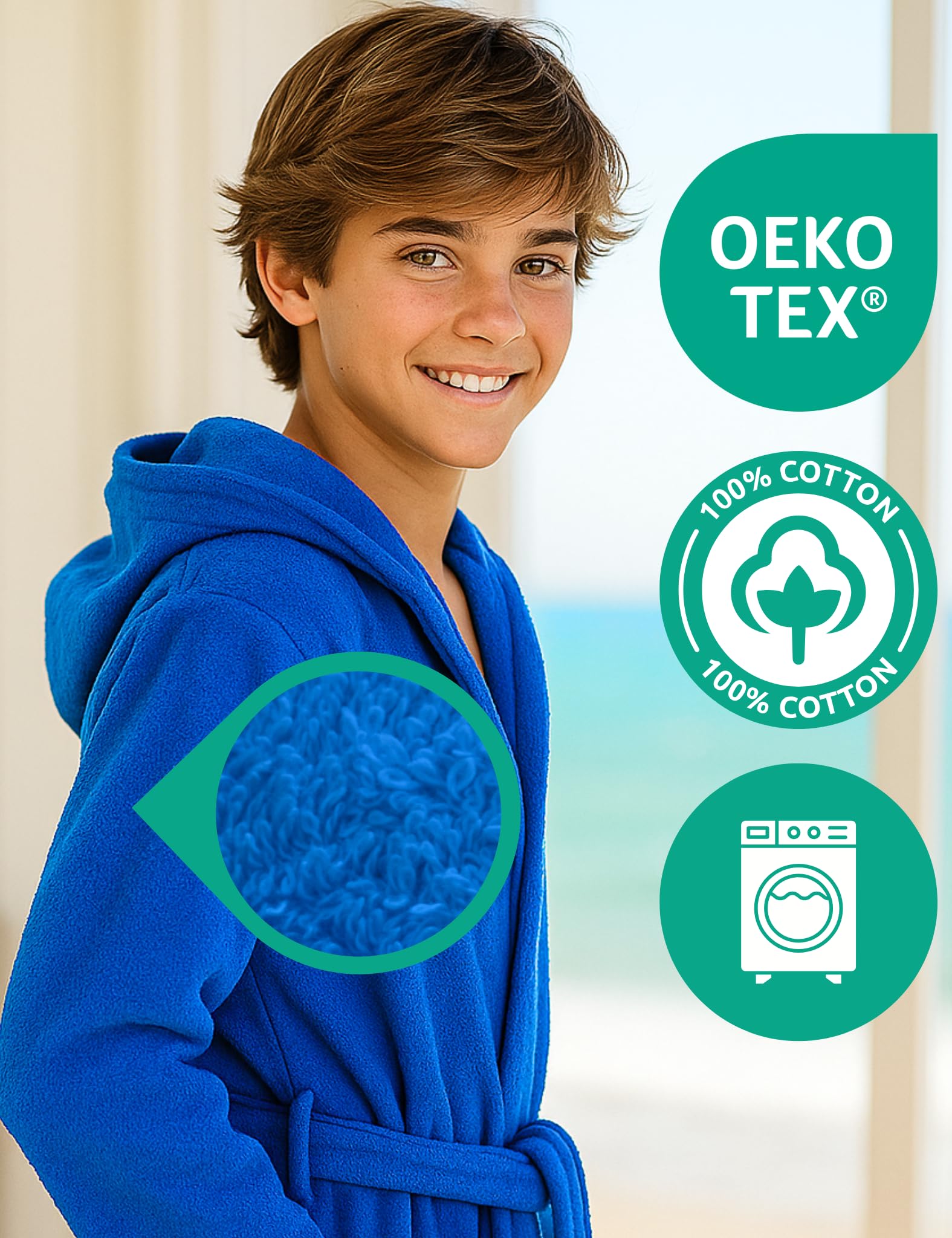 Morgenstern Albornoz de Felpa para Niños - Niño y Niña - 100% Algodón OEKO-TEX® - Bata de Baño 2 Bolsillos, Cinturón y Capucha