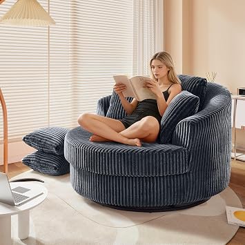 360 Degree Oversized Swivel Chair, 50" Round Lounge Chair Modern Accent Circle Chair W/ 5 Pillows Upholstered Corduroy Sofa Chair for Living Room Bedroom Apartment, Grey