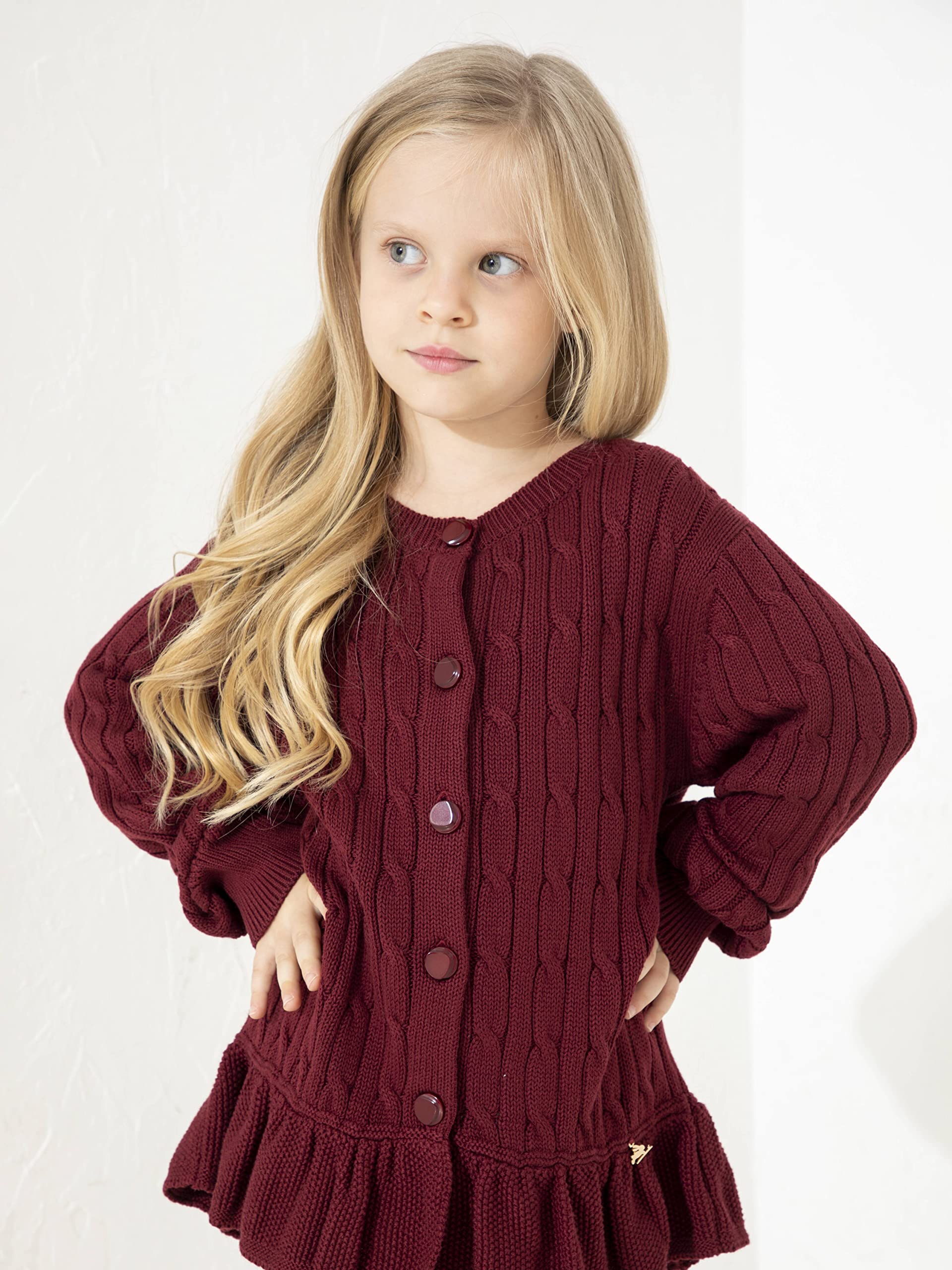 Cherry Crumble Maroon Cable Knited Intarsia Polycotton Full Sleeves Girls Casual Cherry Flared Winter Warm Cardigan Sweater | Sweater for Baby/Toddler/Preschool/Kids/Teens/Children - Image 2 thumbnail
