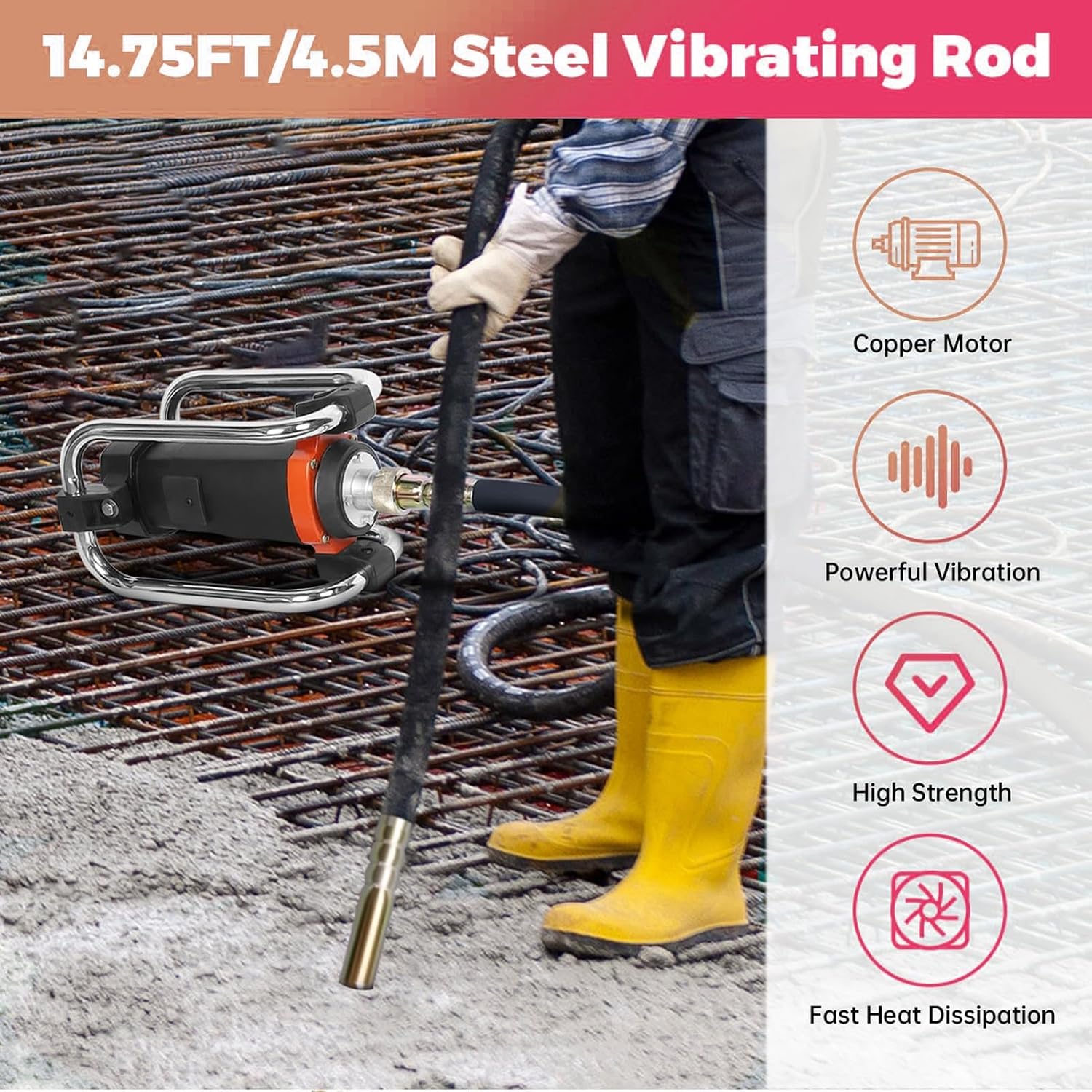 1300W Power Electric Concrete Vibrator Handheld,Comes with 14.75ft Shaft | Portable Construction Insertion Cement Concrete Vibrating Tool,Ideal for Removing Air Pockets & Smoothing