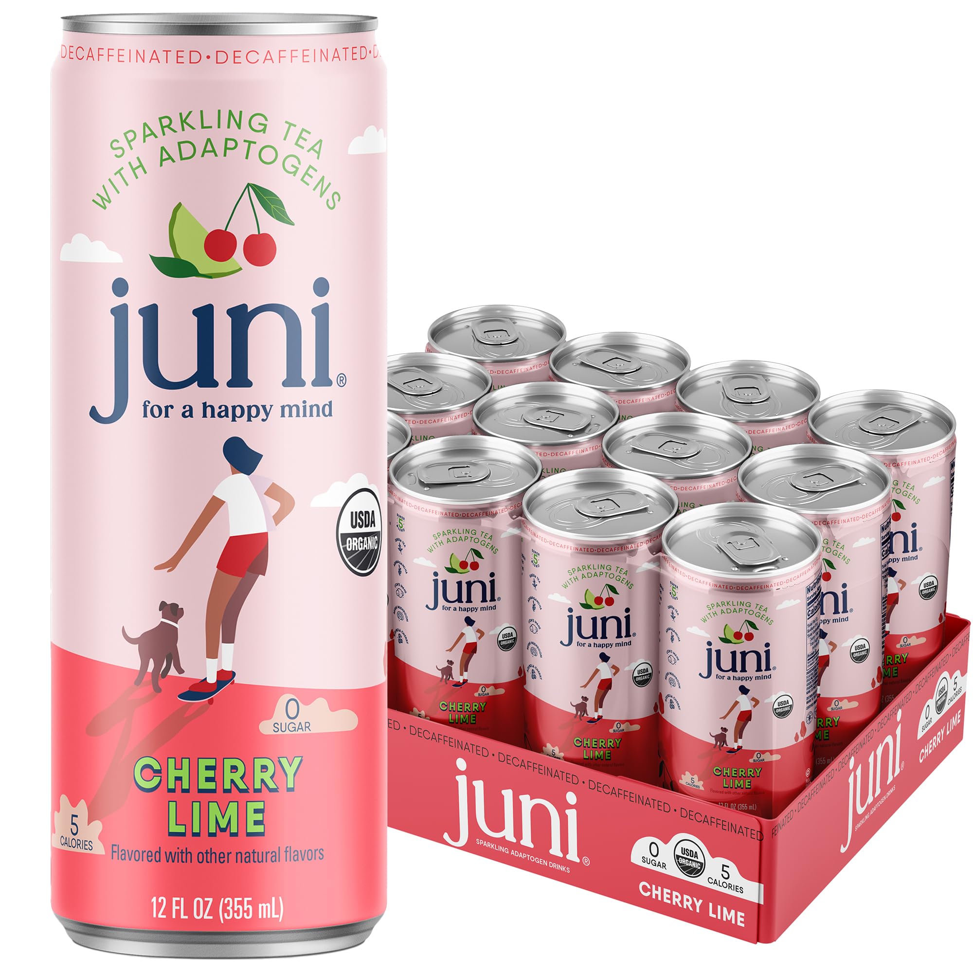 JUNI Sparkling Adaptogen Drink with Ashwagandha, Lion’s Mane & Reishi for Focus | Zero Sugar, USDA Organic Cherry Lime 1