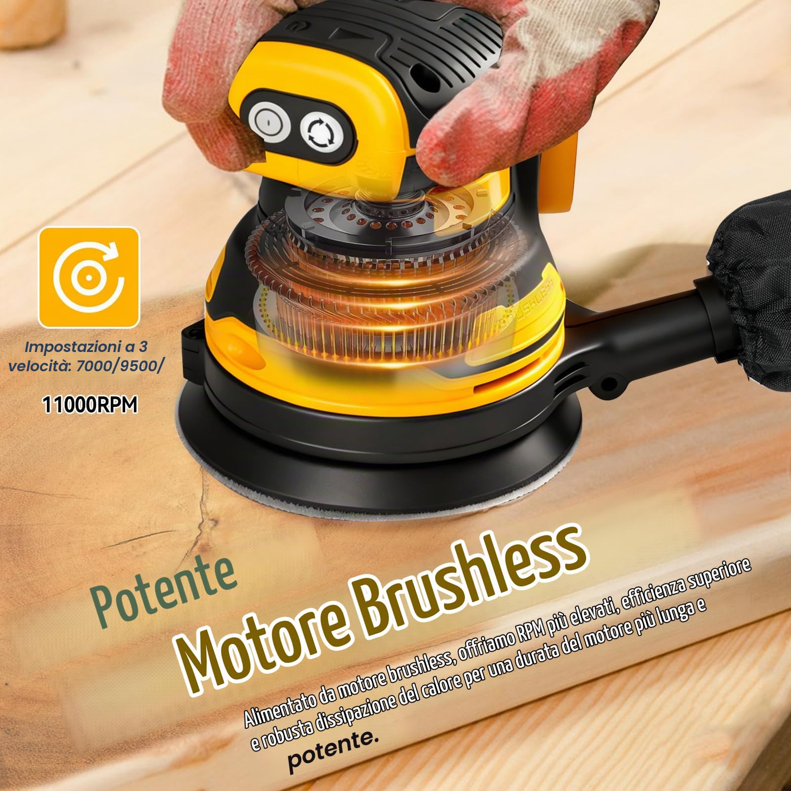 Smerigliatrice orbitale, smerigliatrice rotonda a batteria compatibile con batterie DEWALT da 18 V motore brushless, 11000 giri/min, con sacchetto per la polvere, aspirazione e 20 fogli abrasivi