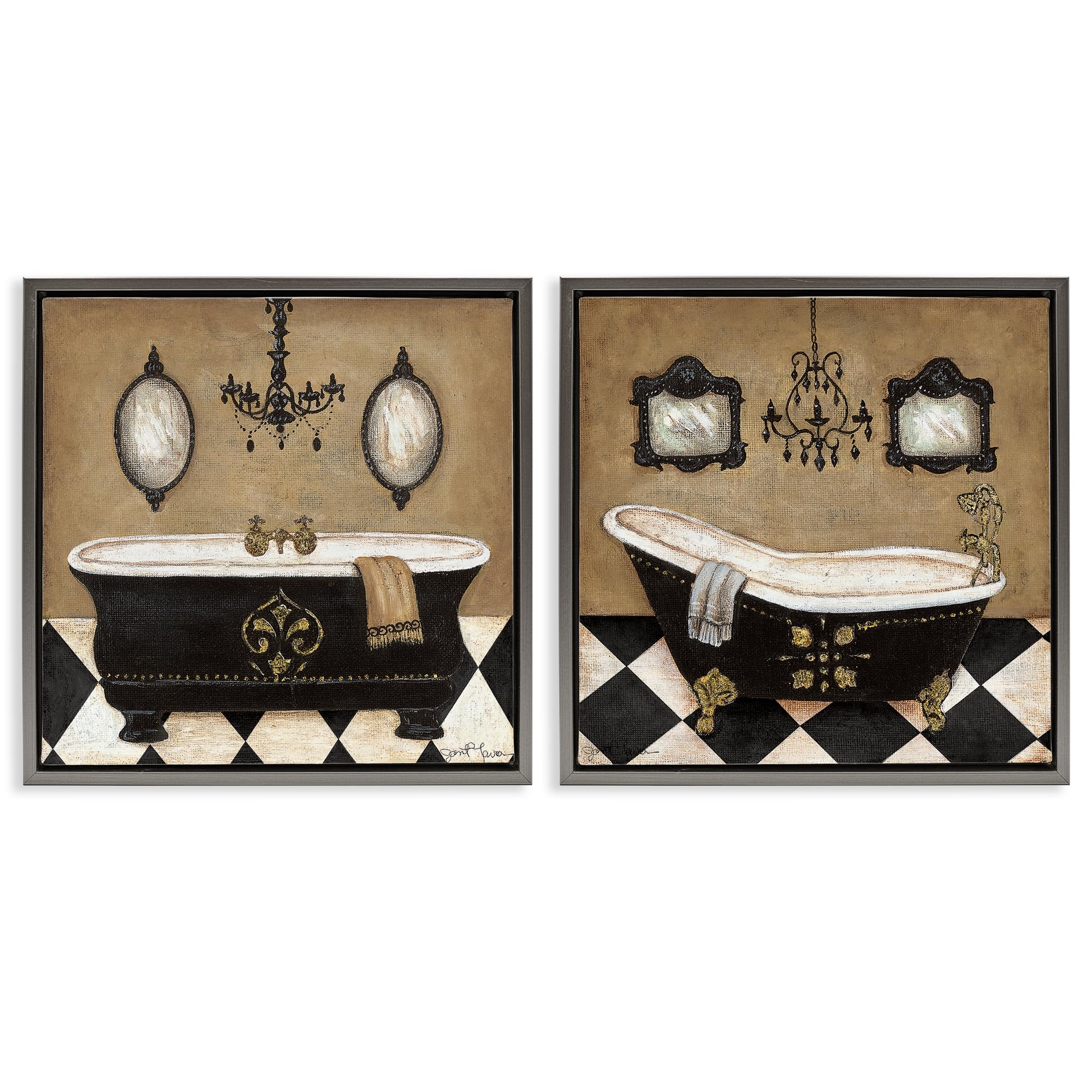 Stupell Industries 'Elegant Bathroom with Chandeliers', 2pc Floating Frame Art Set 2, Gray, 18 x 18 Inches, Easy to Hang and Sturdy, Made in USA, by Janet Tava