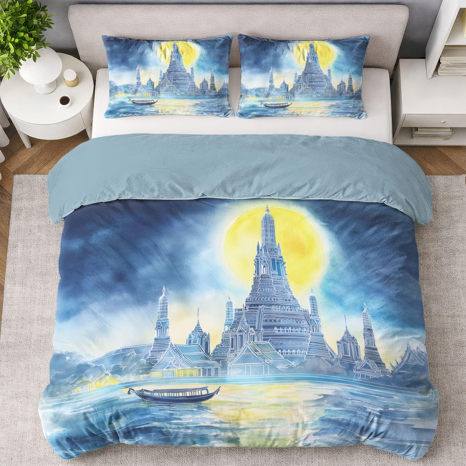 Generisch Traumhaft komplet pościeli architektonicznej, fantazyjny, motyw świątyni, księżyc, rzeka, 200 x 200 cm, 3-częściowy zestaw dekoracyjny, poszewka na kołdrę z mikrofibry z 2 poszewkami na