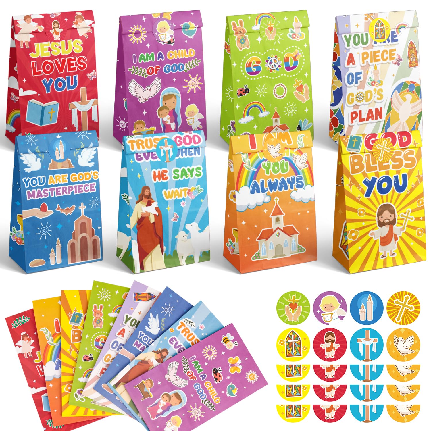 Elunpoe 32 Pack Christian Gift Bags, Bible wrap with Inspirational Stickers, Religious Goodie Bags, Sunday School Church Events Favor Paper Bag, Classroom Activities Decor, Faith Treat wrap for people Easter Christmas Baptism, 4.7" x 3.1" x 8.6"