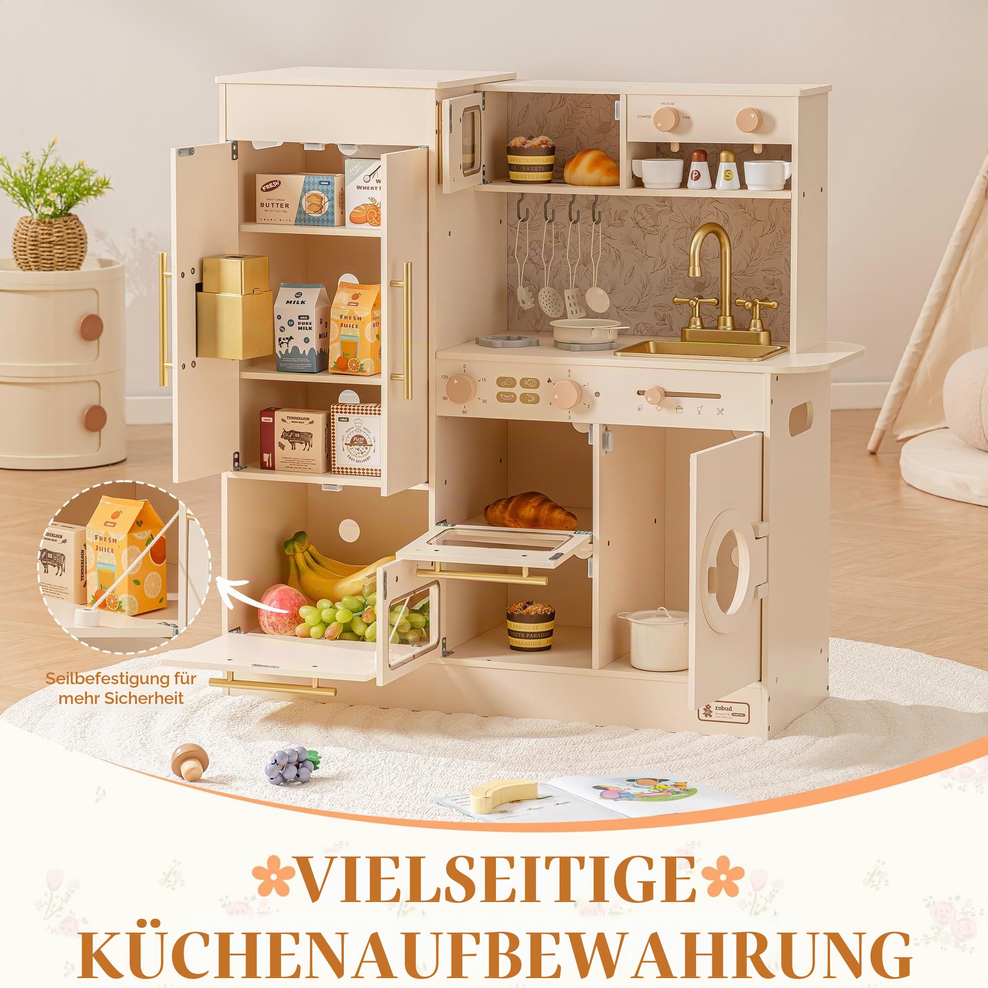ROBUD Kinderküche aus Holz, Spielküche für Kinder mit 17 realistischen Zubehörteilen, Küchenspielzeug mit Mikrowelle, Backofen, Spüle und Eismaschine, Geschenk für Mädchen und Jungen ab 3 Jahren