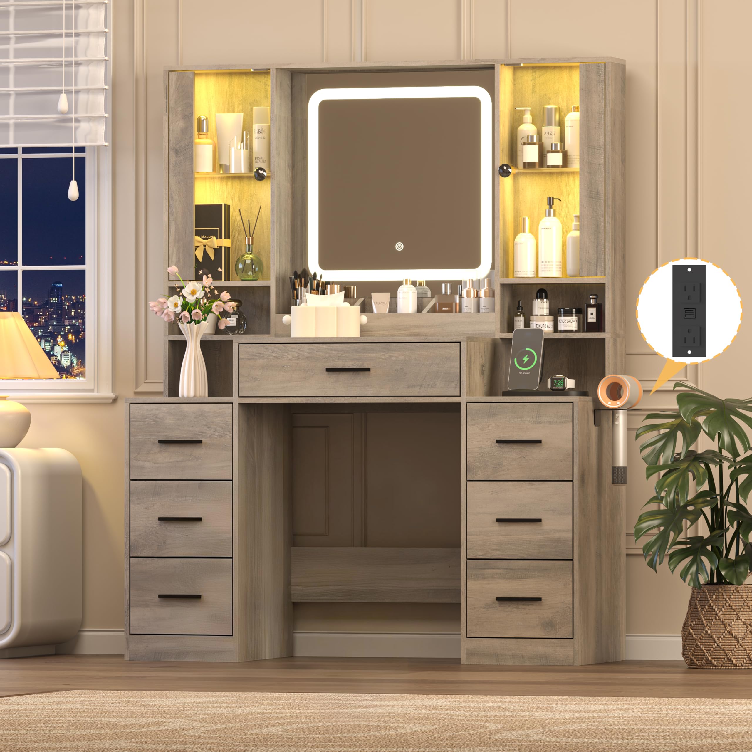 Wodeer Grey Makeup Vanity Desk with Mirror &amp; Lights, Modern Vanity Table with Charging Station, 7 Drawers, Glass Cabinet, Adjustable Shelves, Bedroom Dressing Table Set for Women &amp; Girls