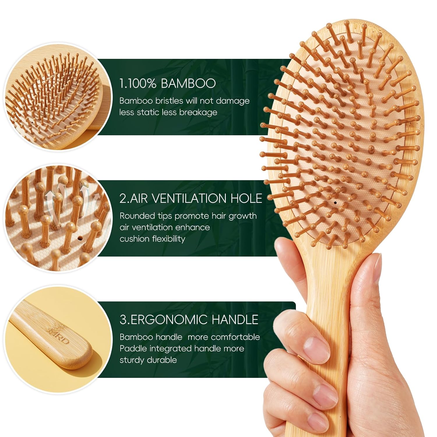 MRD Bamboo Hair Brush Set, 4-Piece Detangling Hairbrush and Comb Kit, Paddle Brush for Women Men Kids, All Hair Types-Gift Box - Image 3