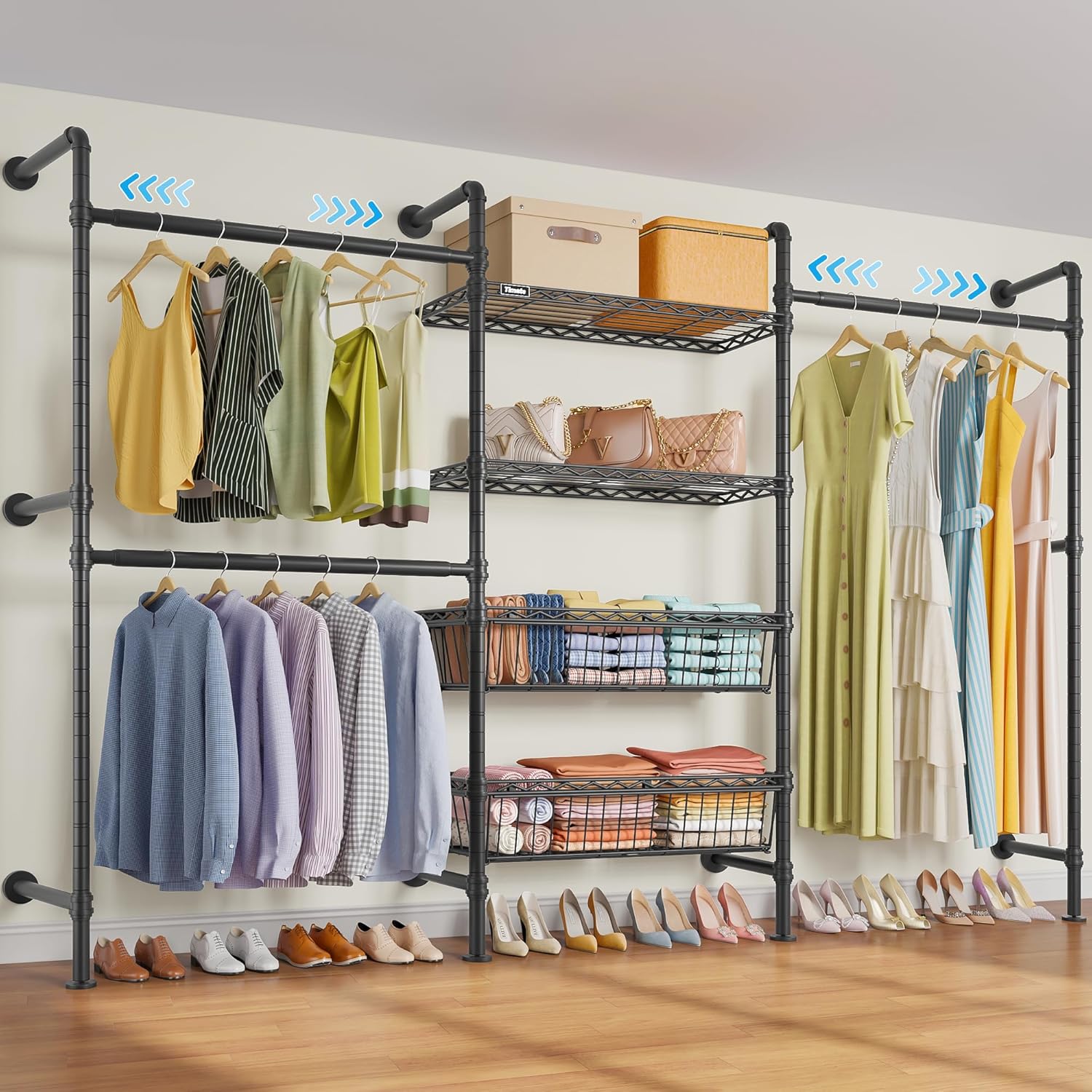 Timate X3 Expandable Heavy Duty Clothes Rack Wall Mounted Clothing Rack for Hanging Clothes, Industrial Pipe Closet System for Walk in Closet Kit Wall Mount Clothes Rack with Basket, Black Wall Closet