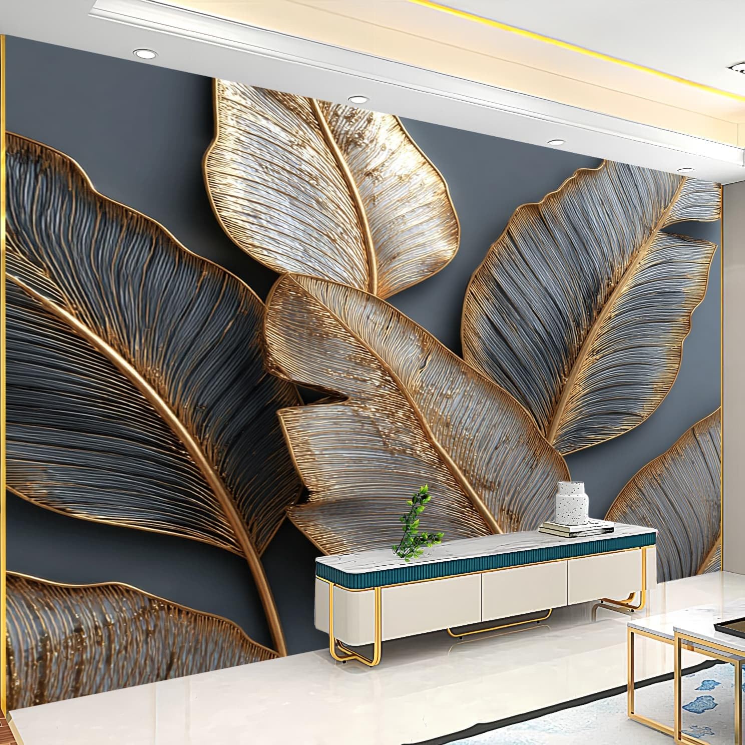 Tapeta z tłoczonymi roślinami 3D, tapeta na fizelinie, panoramiczny, dekoracja ścienna, 400 x 280 cm, złota, tapeta ścienna, pyłoszczelna i łatwa w pielęgnacji, do salonu, pokoju dziecięcego, sypialni