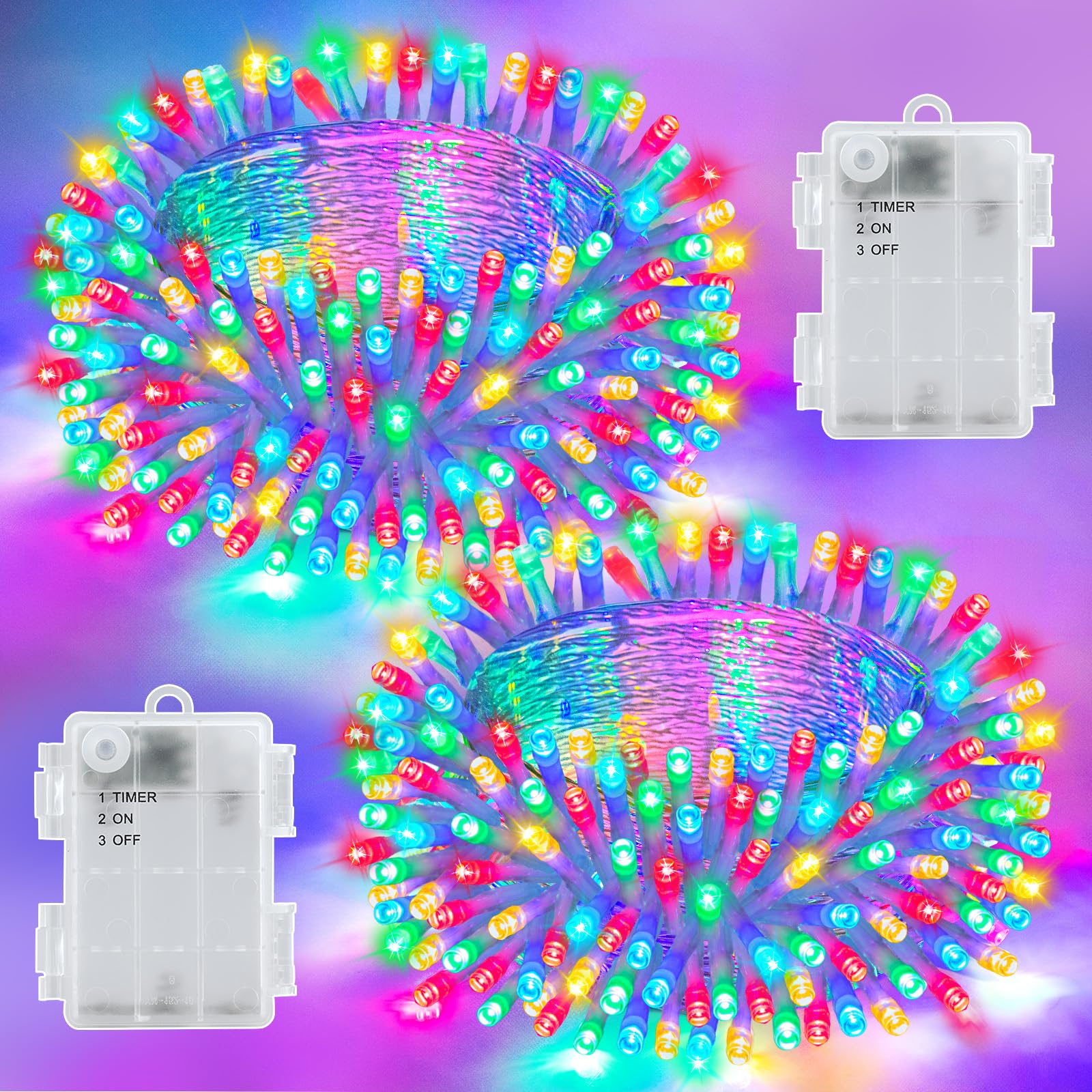 Dalugo 3M 30 LED Outdoor Battery String Lights, Multicoloured String Lights with 6-Hour Timer, 2 Pack IP65 Waterproof Battery Timer