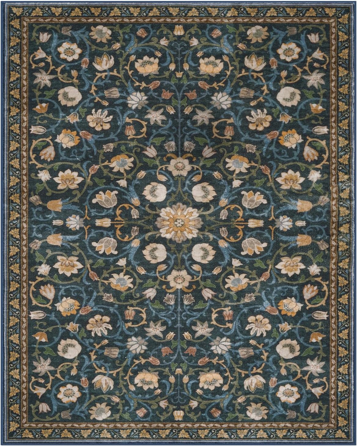 Anidaroel Floral Living Room Rugs 8x10, Washable Large Area Rug for Dining Room Soft Boho Bedroom Rug, Vintage Dark Green Carpet Low Pile Stain Resistant Floor Carpet for Home Office