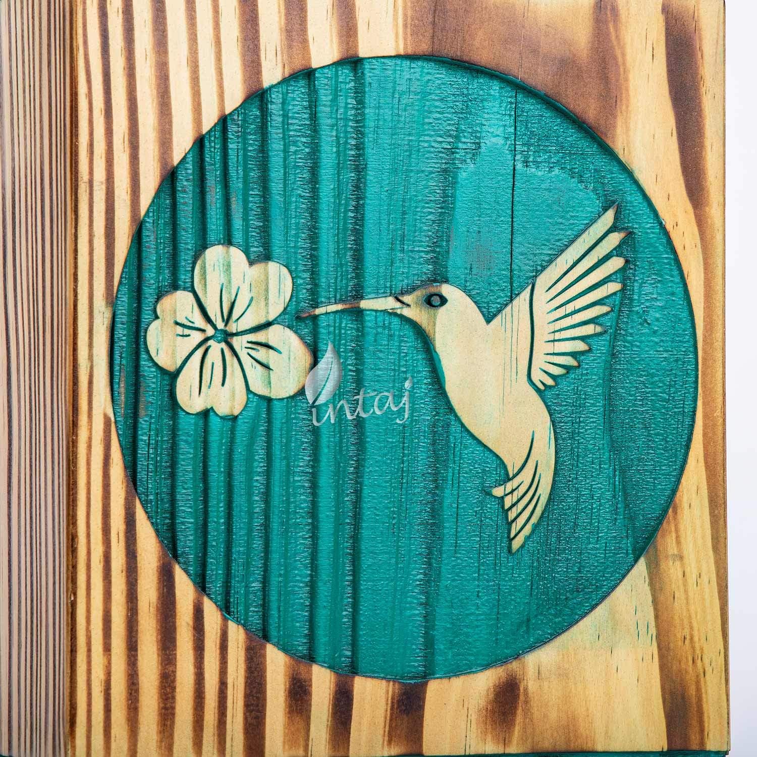 INTAJ Wooden Urn for Human Ashes, Adult INTAJ Rosewood Urn for Ashes, Humming Bird Funeral Cremation Urn - Wooden Urns Hand-Crafted - Burial Urn Box (Teal Pine, Small - 8Hx4.75W (115 Cu/in))
