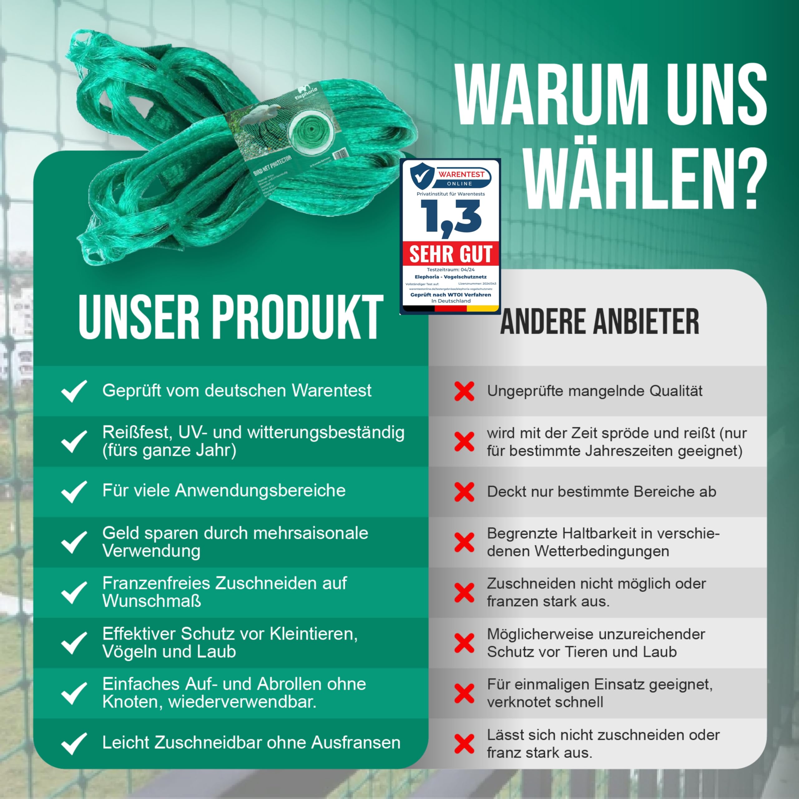 grünes Premium Nylon Vogelschutznetz 6x6m-Feinmaschiges (15x15mm) Teichnetz, Gartennetz, Langlebig, Wasserfest, UV und Wetterbeständig -Schutz vor Vögeln und Laub-Ideal für Obstbäume